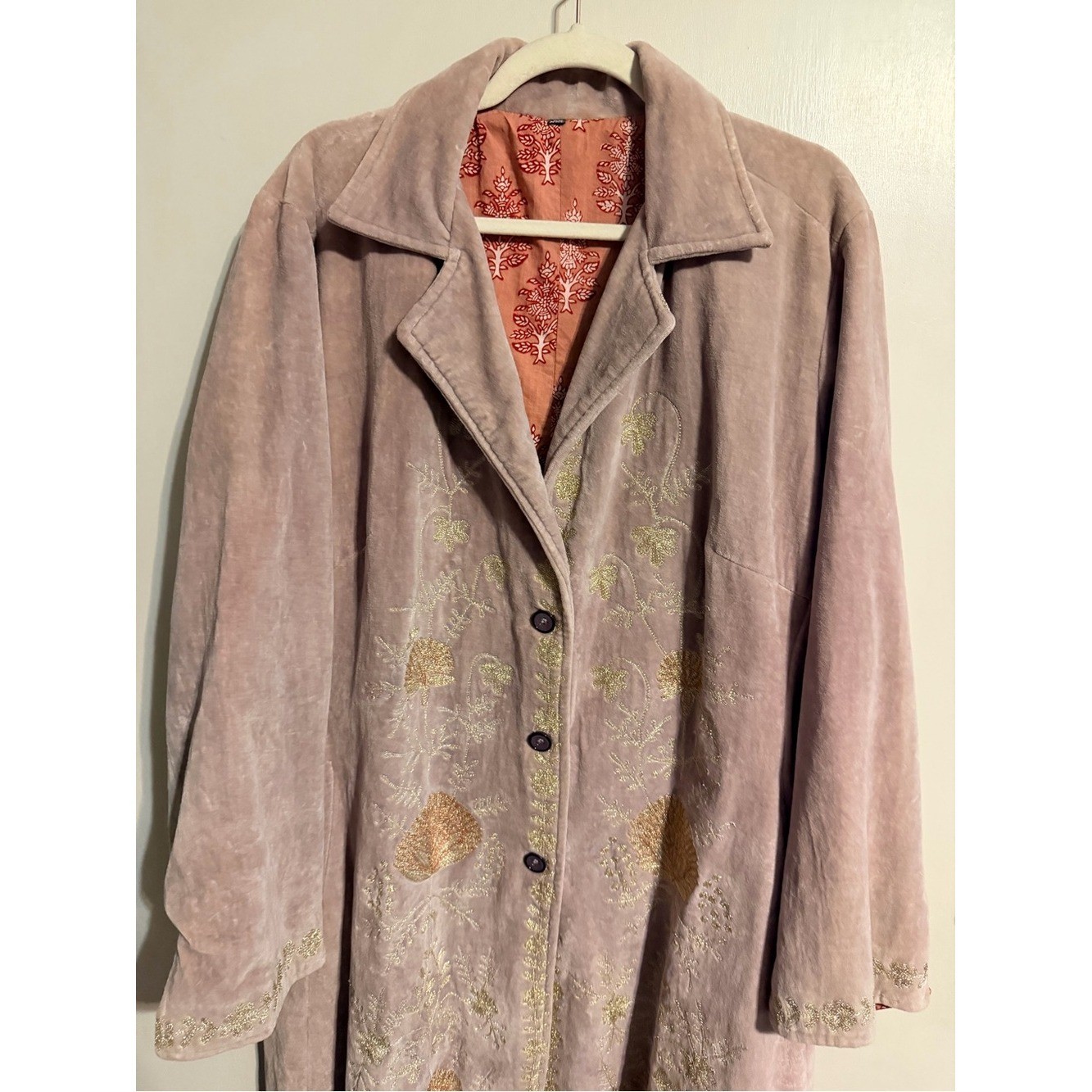 Embroidered Velvet Duster Jacket 2X Dusty Mauve Silver Floral Boho Cottagecore