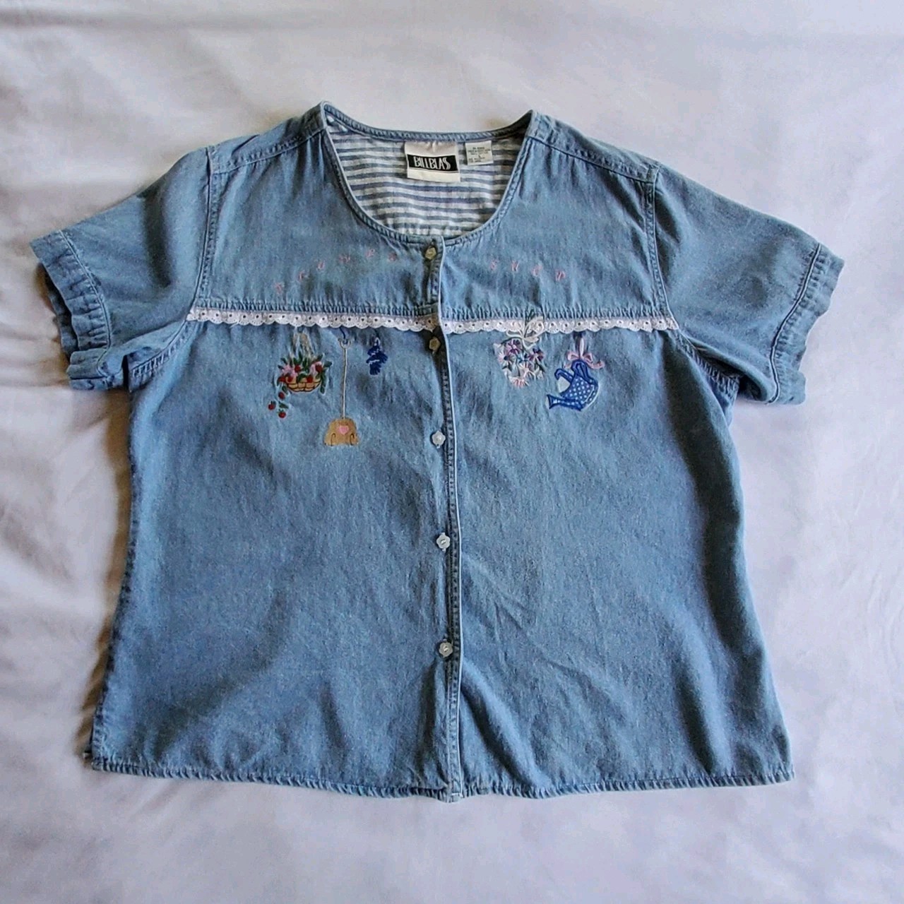 VTG 90s Bill Blass Large Denim Shirt Embroidered Plants Lace Grandmacore