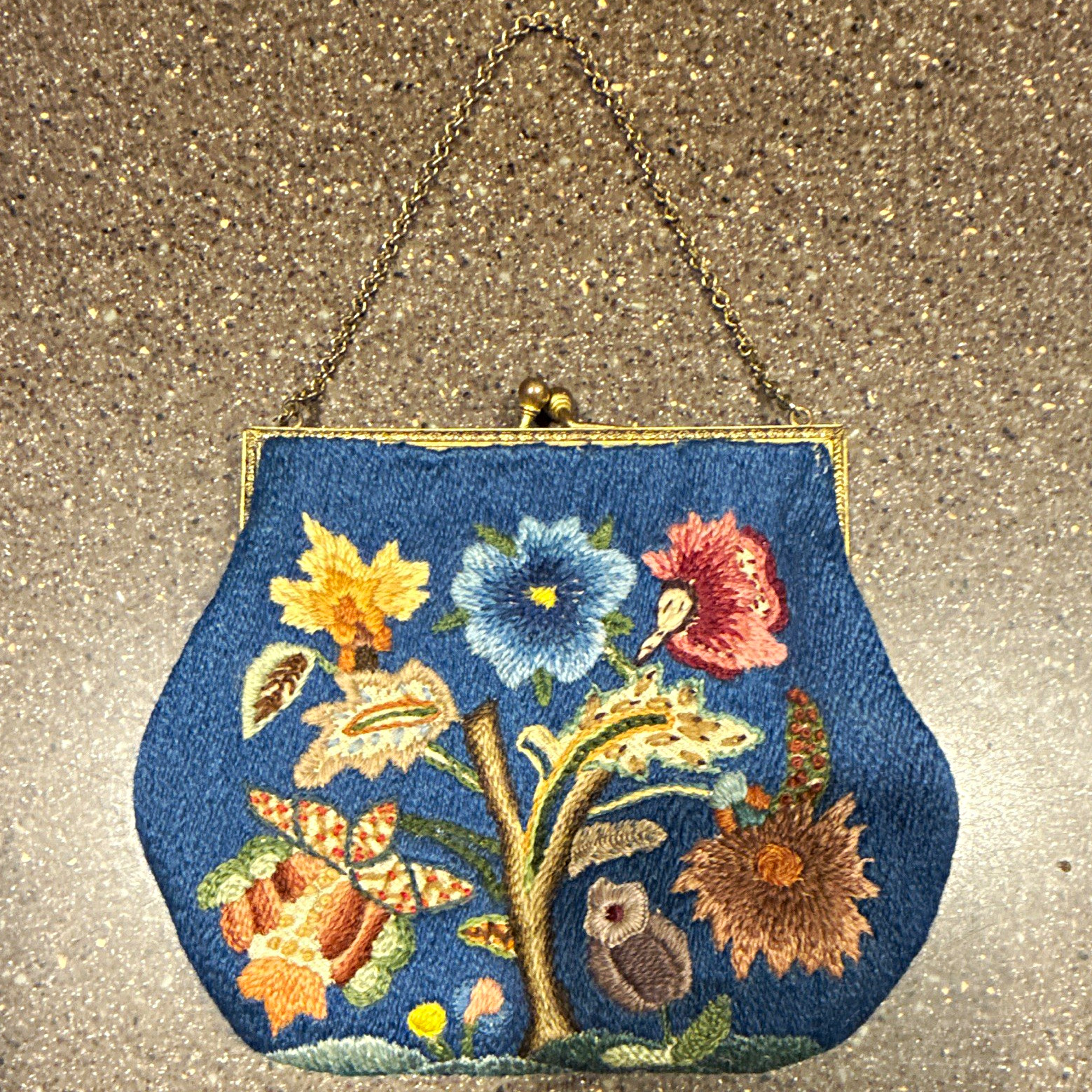 Blue Floral Embroidered Shoulder Bag Purse, Kiss Lock, Gold Chain Strap