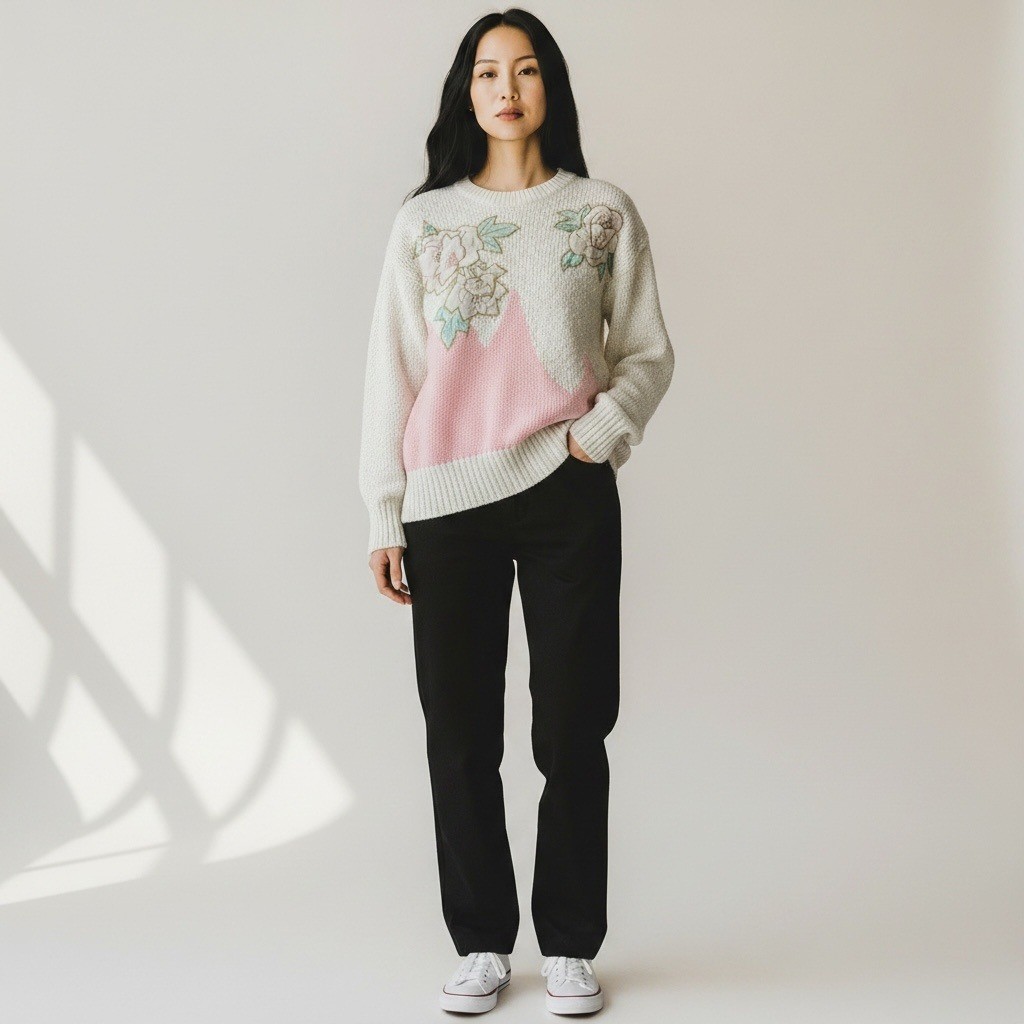 Vintage 80’s Statament Sweater M White Pink Floral Applique Grandma Core Kitschy