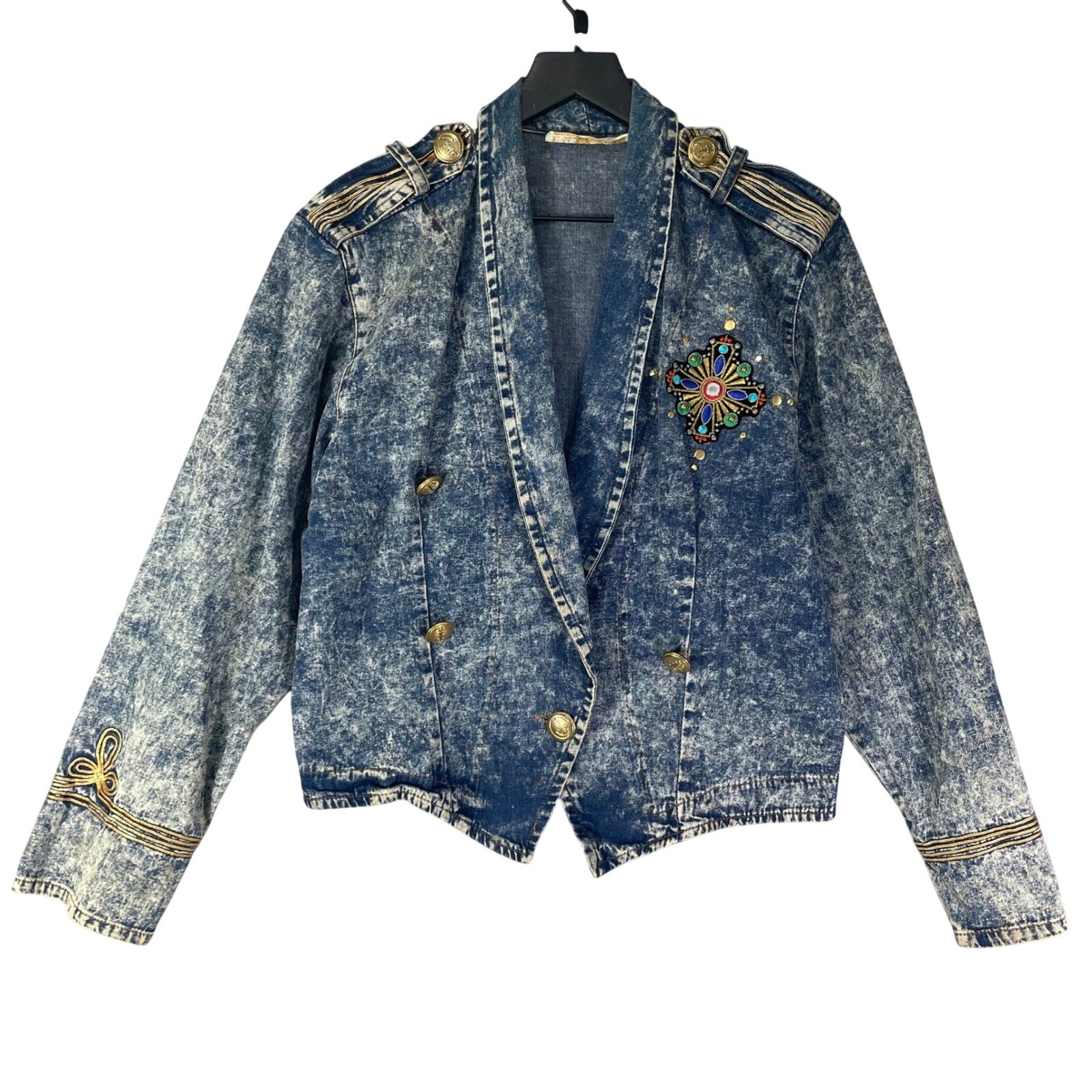 Vintage Acid Wash Denim Jacket Womens Small Military Embroidered 80s Crop