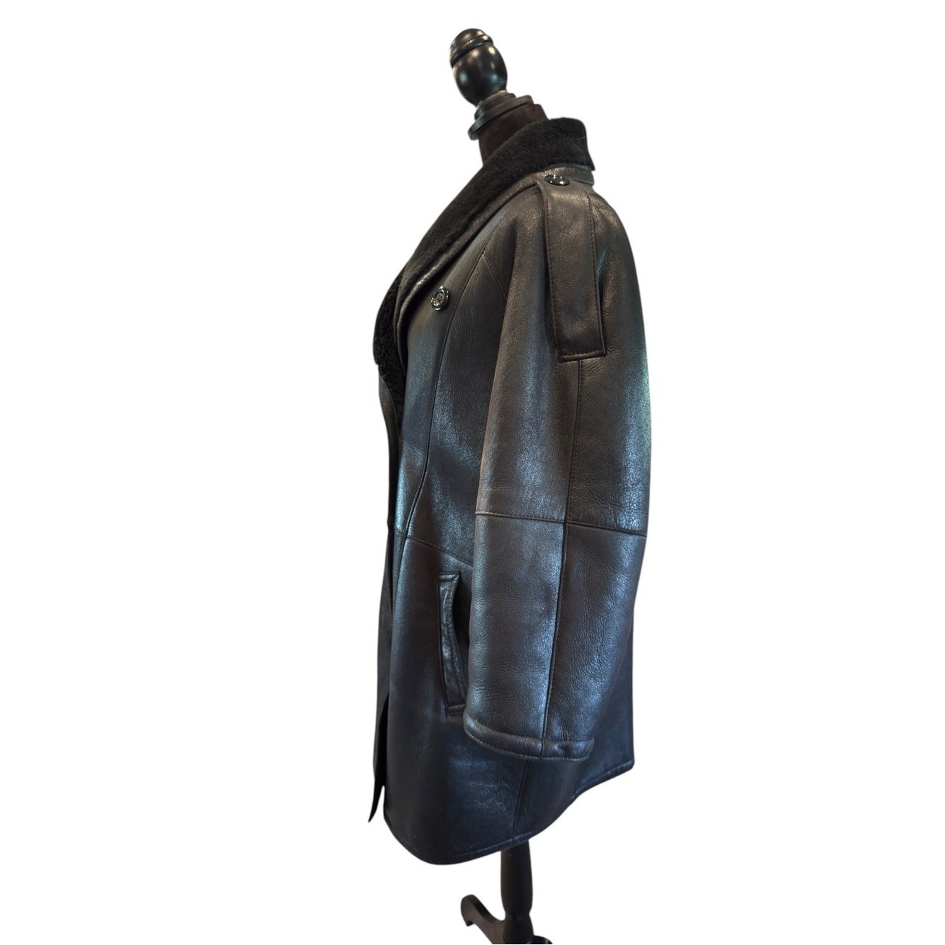 Montreal Sheepskin Genuine Shearling Coat Vintage 80s Black Leather Plush P/S