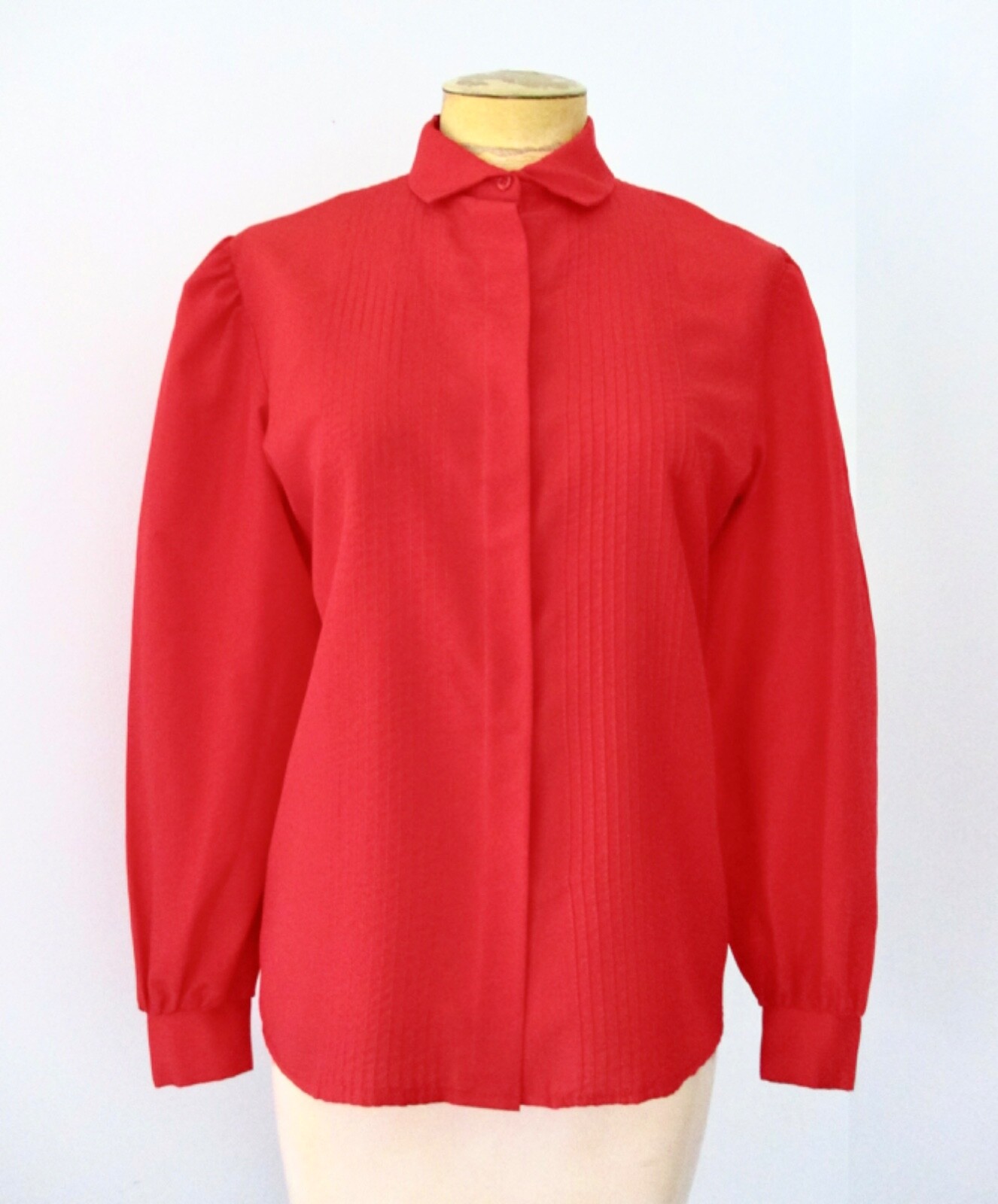 Vtg 70s 80s Red Silky Secretary Blouse Top Pin Tuck Tuxedo Pleats Puff Slvs 10