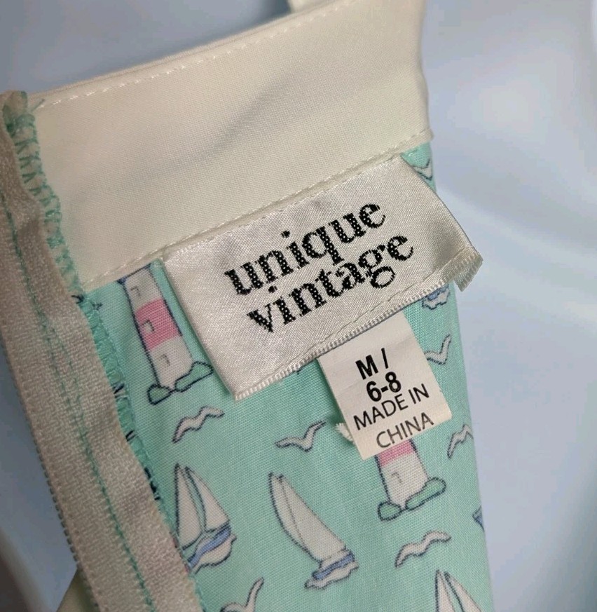 Unique Vintage Maxine Dress Sailboat Lighthouse Print Swing Turquoise Blue Sz M