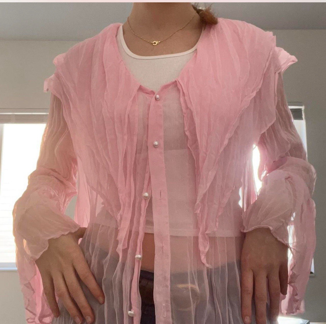 Vintage Cher Jacque Pink Crinkle Long Blouse Dress Whimsy Fairy Coquette Lolita