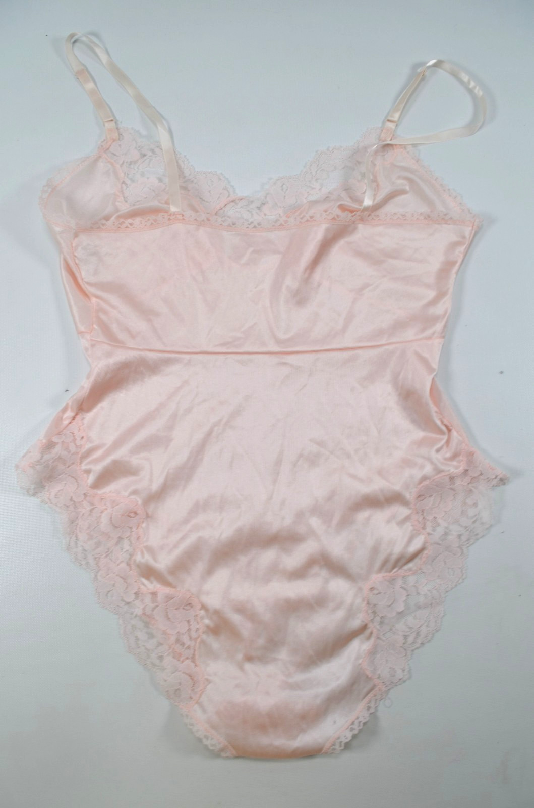 Vintage Teddy Pink Lace Ruffle Sheer Antron III Nylon One Piece Lingerie Size M