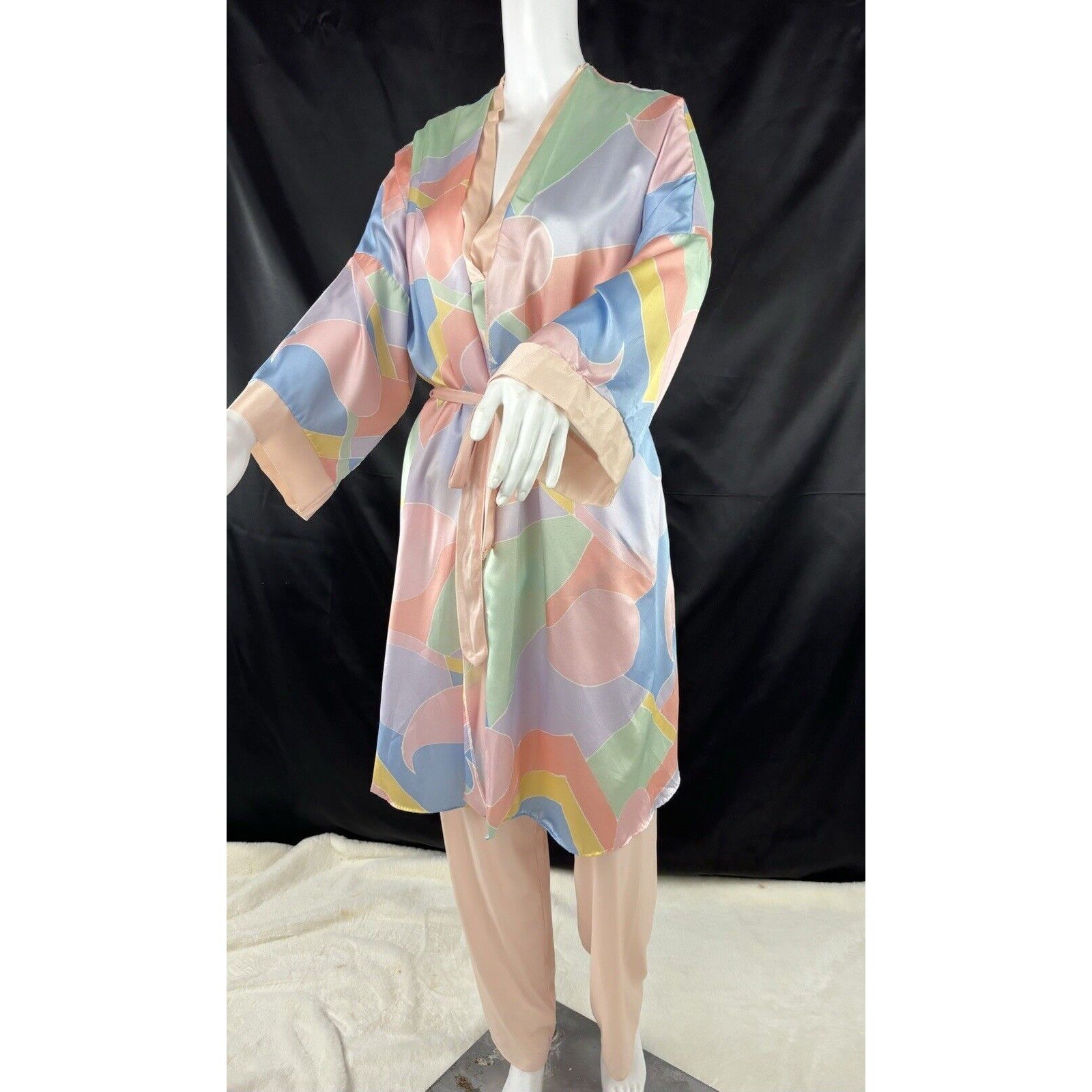 Yolande Mod Robe Satin Blouse Floral Shirt Pink Pants Vintage 80’s 3pc Lingerie