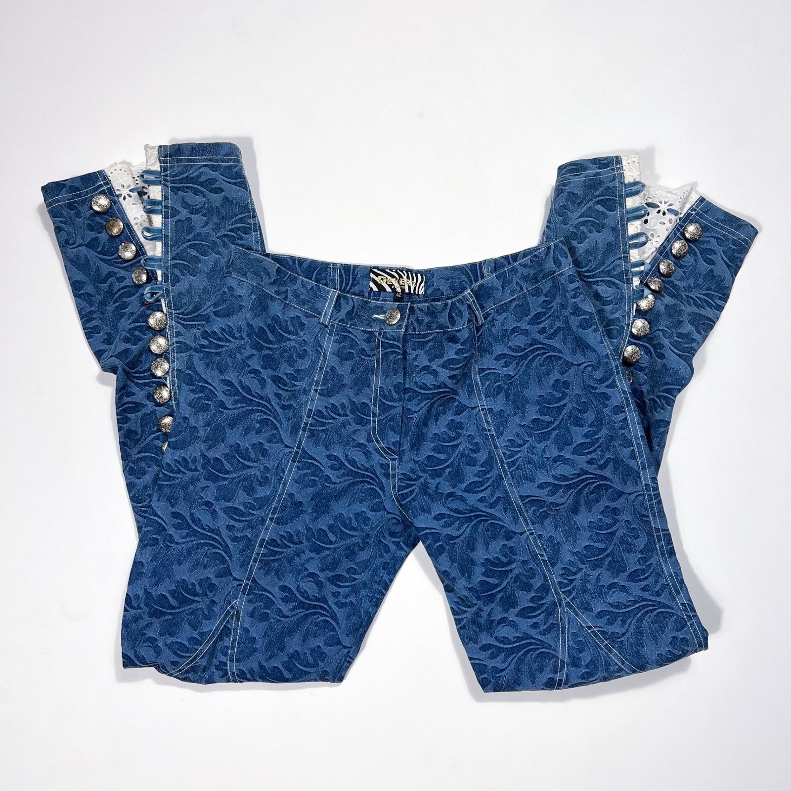 Vintage Dekers Paris Flared Brocade Pants Blue Floral Lace Button Hem