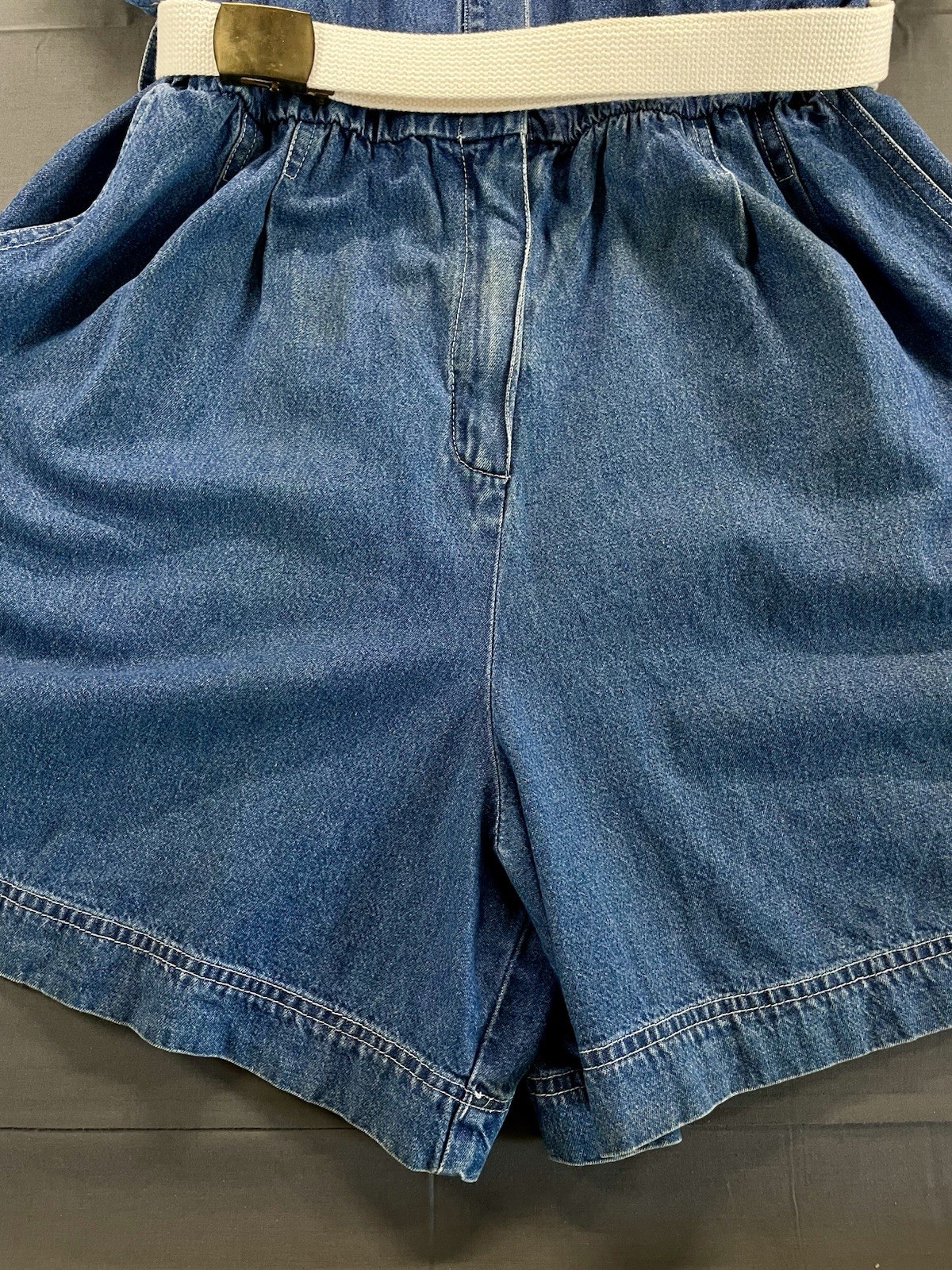 Vintage 1980s Forenza Denim Romper Jumpsuit XL Blue Utility Metal Button Belted