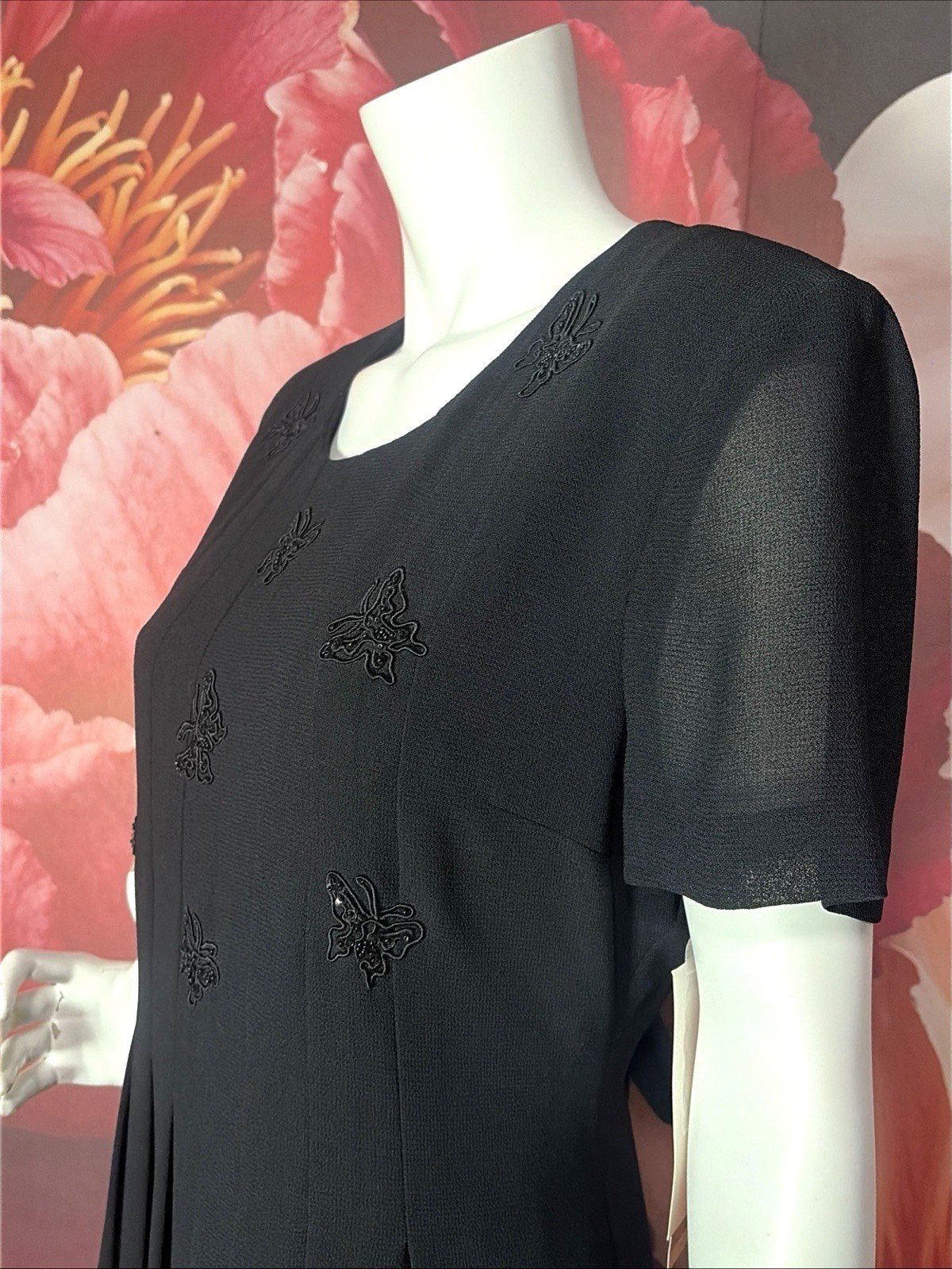 VTG Jessica Howard Black Maxi Dress Sz 14 Beaded Butterfly Pleated NWT