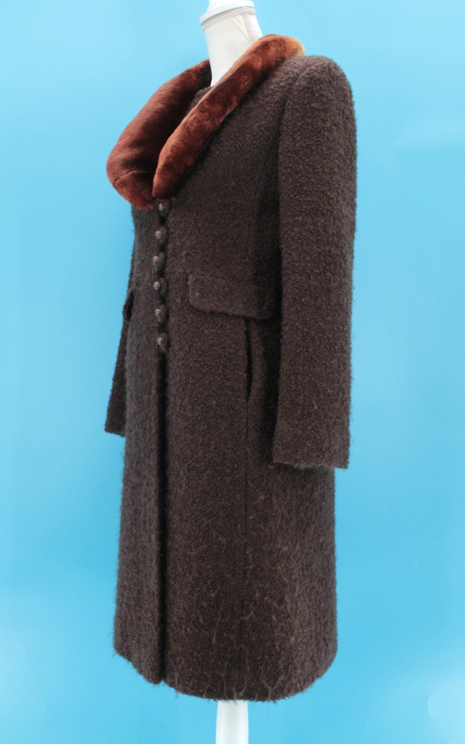 VTG Women’s 60s Dark Brown Boucle’ Wool Fur Collar Coat Sz S/M 1960s Mansfield