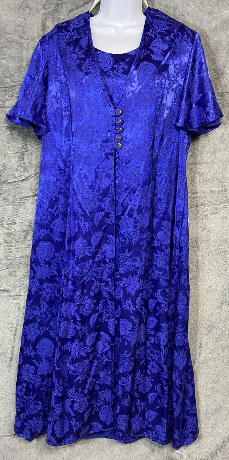 Vintage Dressy Betsy Sz 18 Blue Floral Dress Lace Tie Back Padded Evening Glam