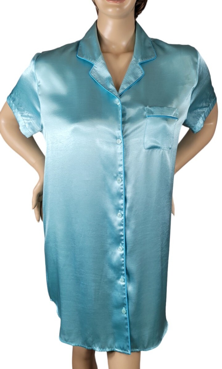 Vintage 90’s Delicates Liquid Satin Poly Turquoise Sleep Shirt Nightgown Sz XL