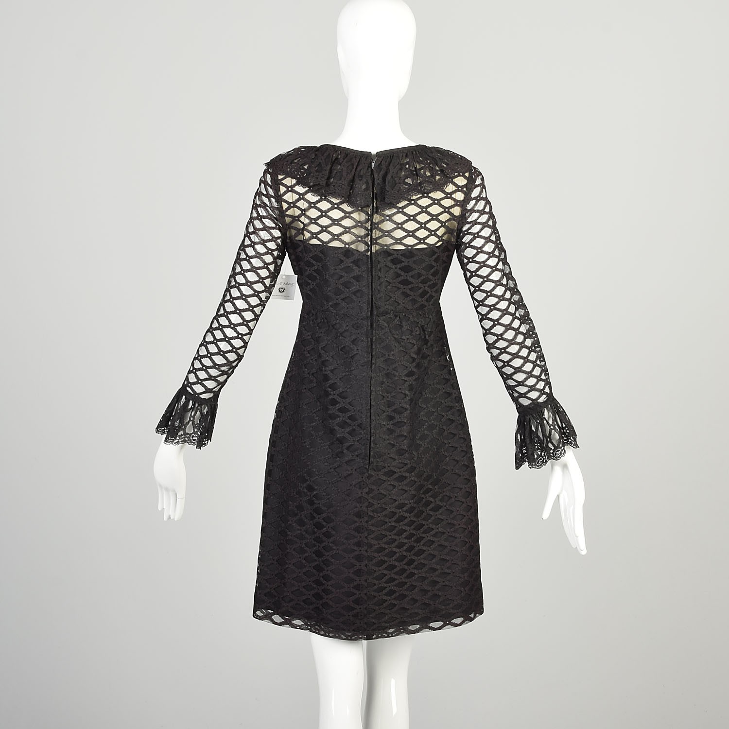 Medium 1970s Black Mini Dress Sheer Long Sleeve Ruffle Collar Cocktail Party LBD
