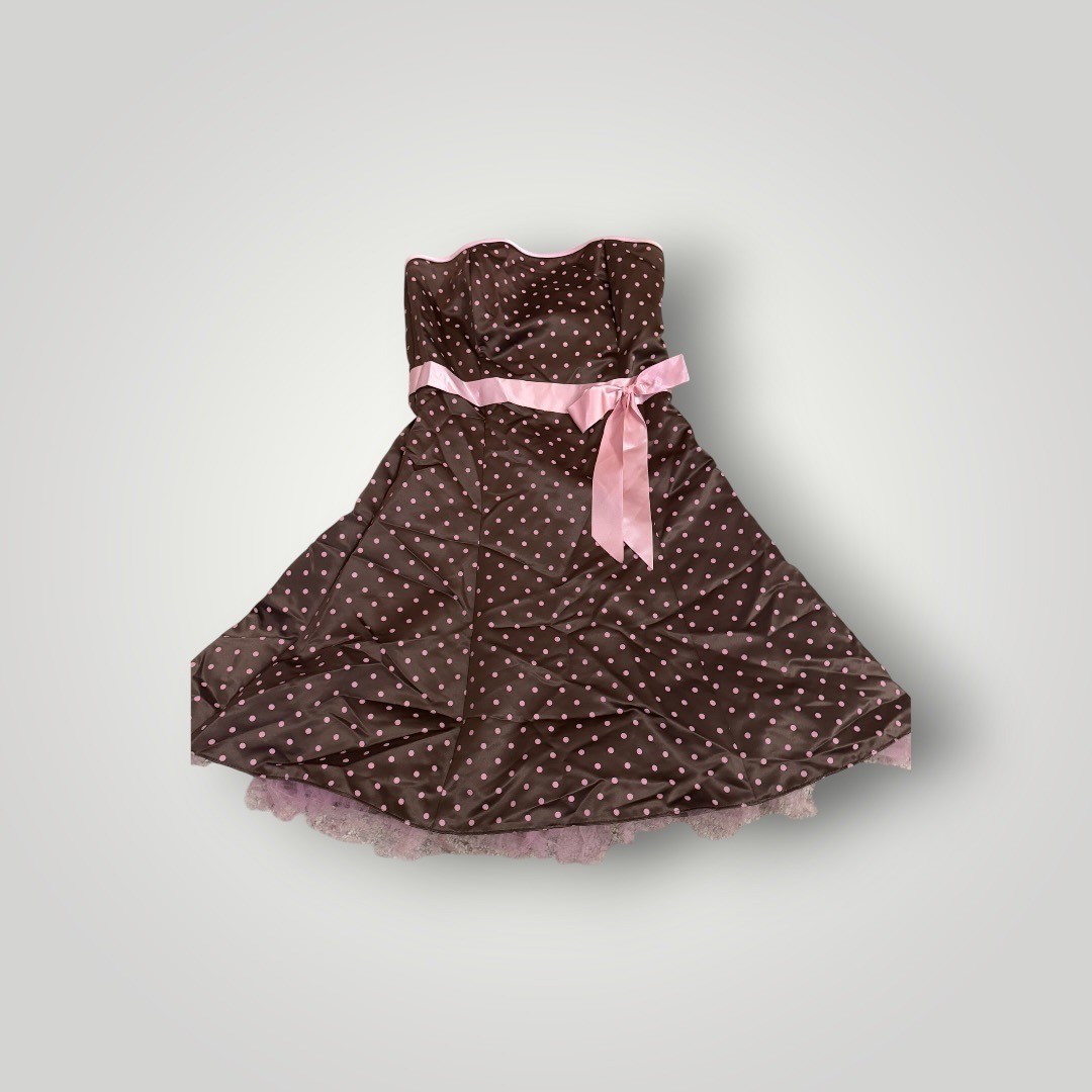 Jessica McClintock Gunne Sax Dress 9/10 Brown Pink Polka Dot Strapless Tulle 50s