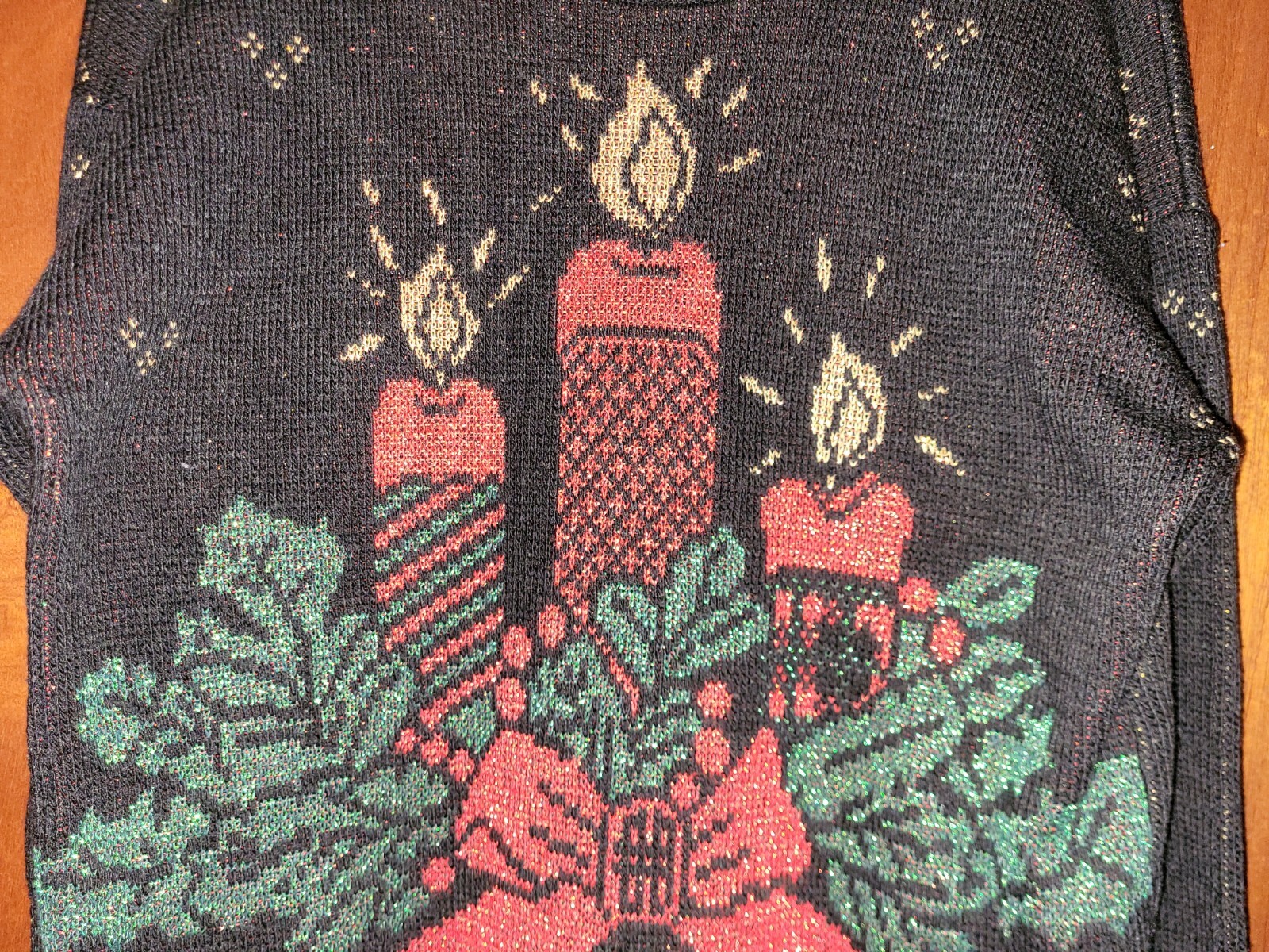 Vintage Holiday Time Christmas Sweater With Candles & Metallic Detail~Small