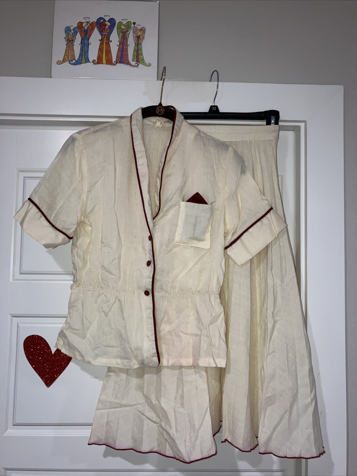 Vintage Jacket Skirt Suit Outfit Set Ivory W/Wine Piping Lightweight Size XS/S?