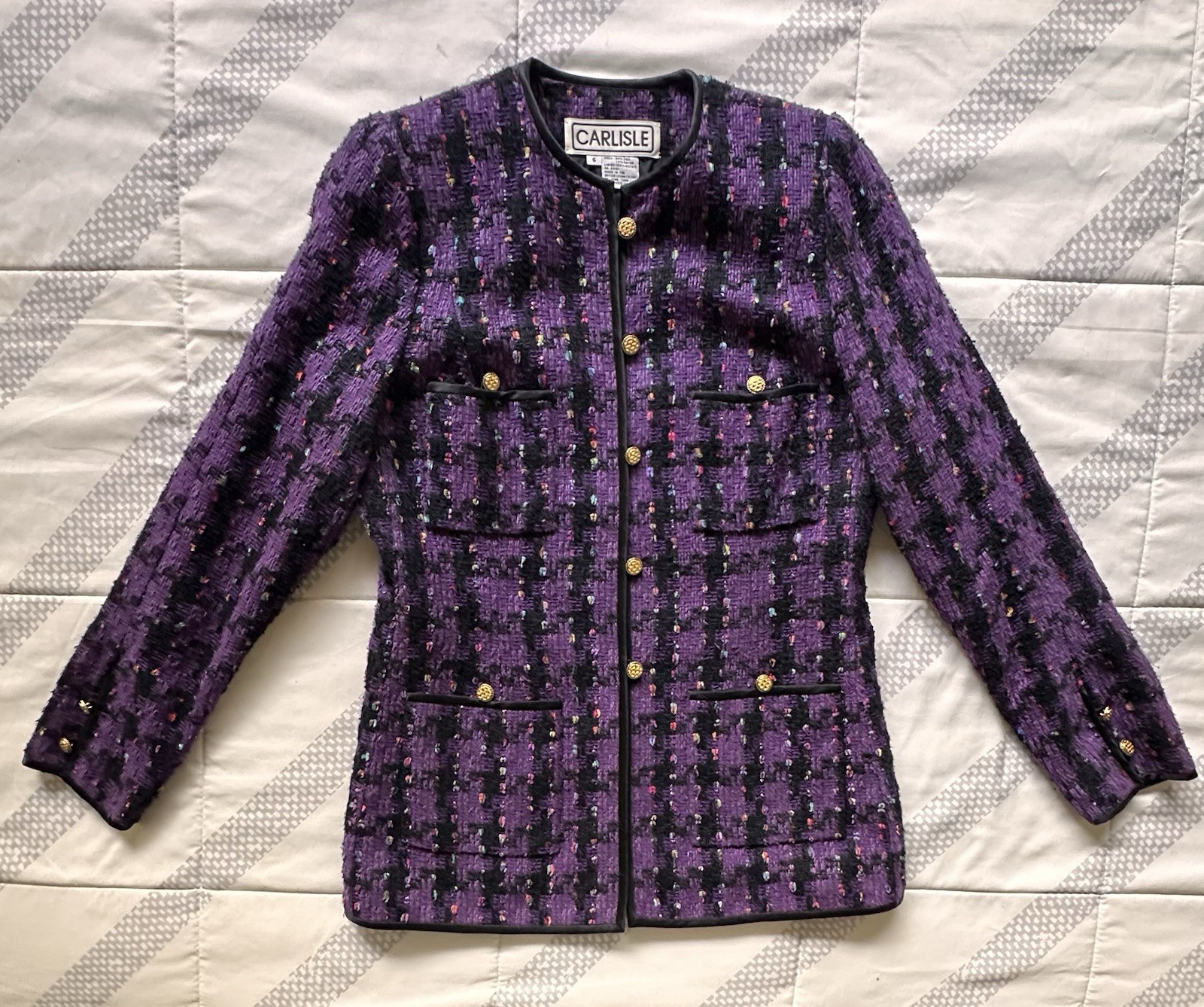 VTG CARLISLE Silk Tweed Blazer Jacket Purple Black Plaid Gold Buttons Size 6