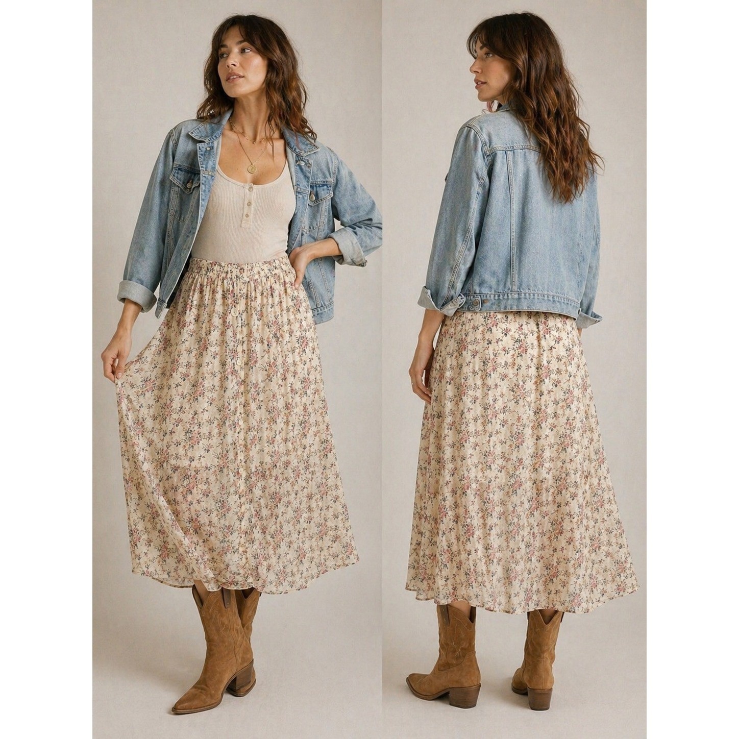 Cottagecore Vintage Express Floral Sheer Midi Skirt, XL 1X, Cream Pink