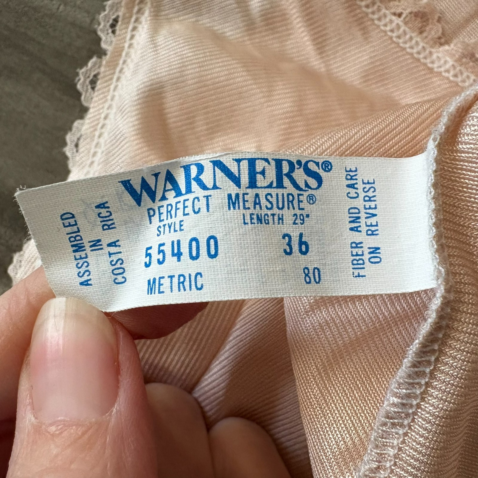 Vintage Warners Perfect Measure Full Slip 36 Tan / Dusty Pink Lace Trim 43″ Long