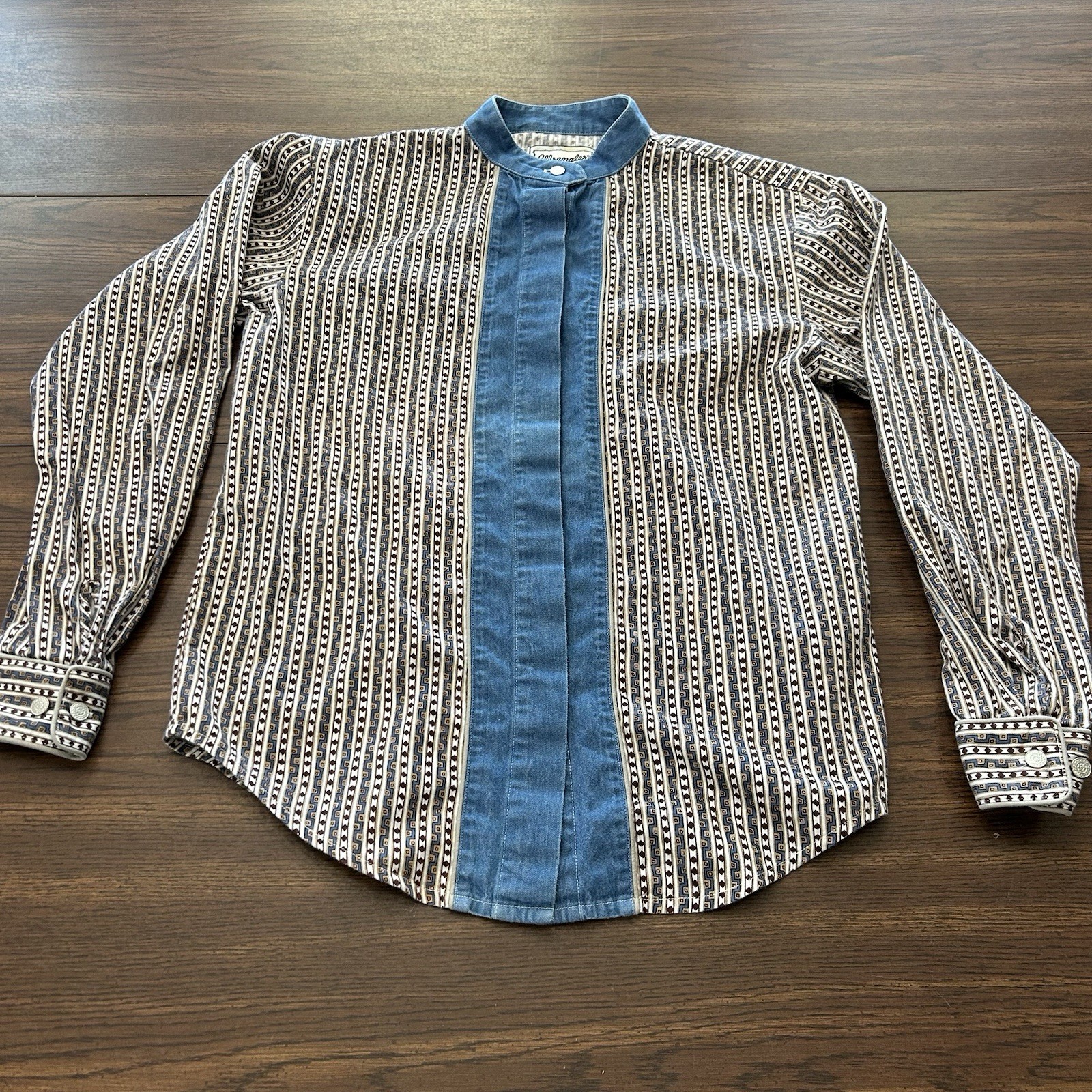Vintage 80s Wrangler Western Women’s Aztec Striped Denim Bib Shirt Small