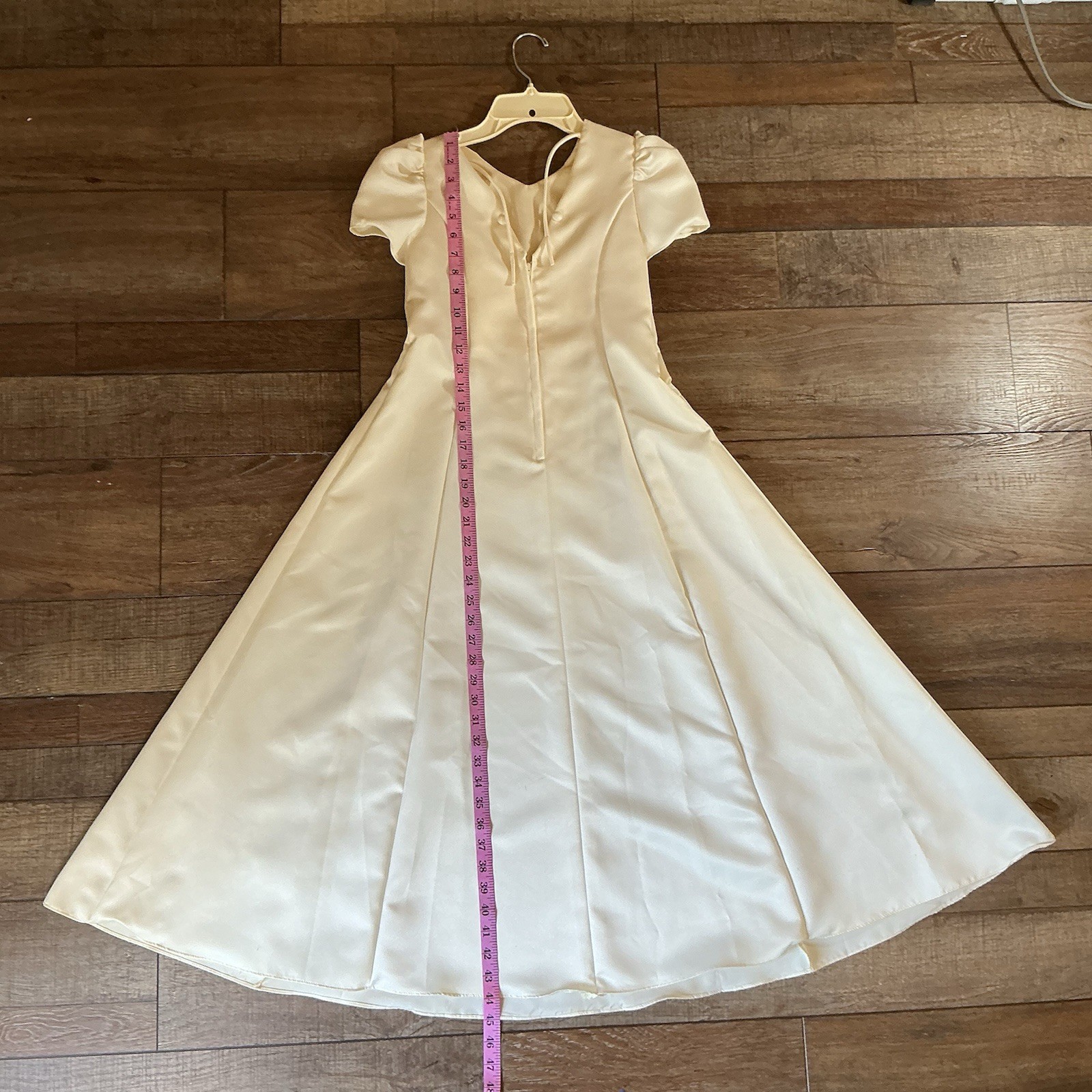 VINTAGE Size 9 Ivory Satin Union Made ILGWU Dress Puff Sleeve A-Line USA #13812