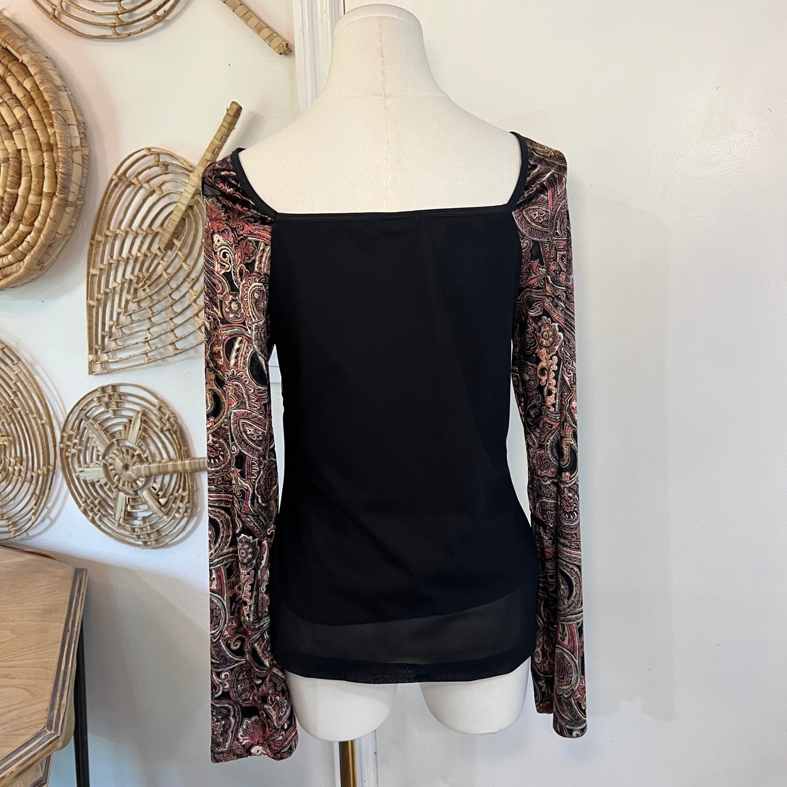 Vintage Eyeshadow Black Paisley Empire Waist Rayon Bell Sleeve Boho Top XL