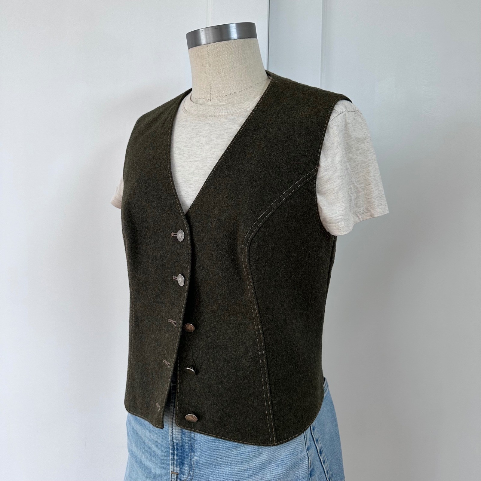 Vintage Green Loden Wool Vest Austrian Trachten Waistcoat Alpine Heritage Gilet