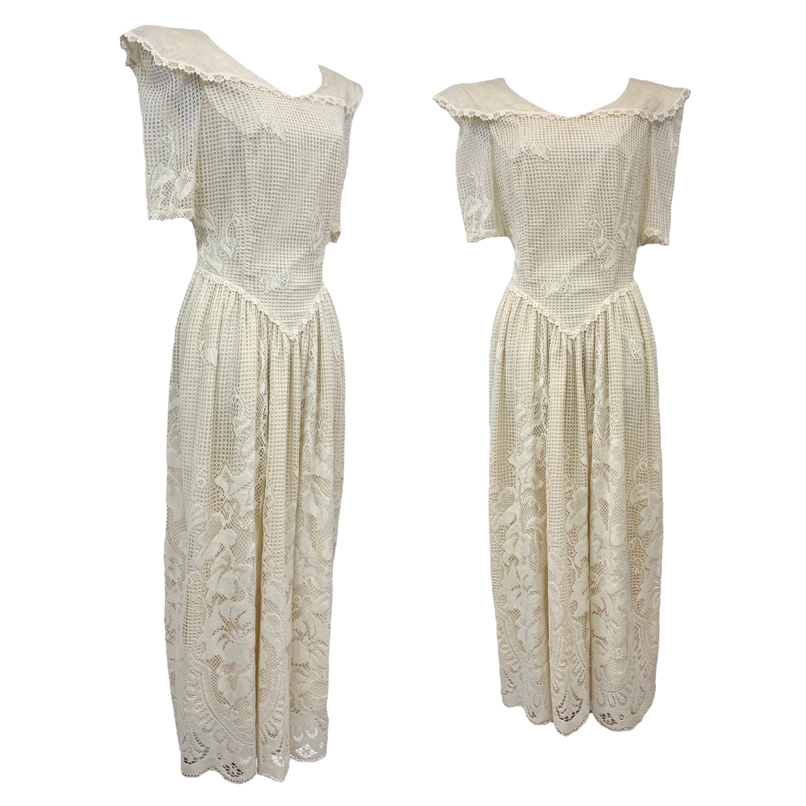 Vtg Vintage 1980s 80s White Floral Crochet Lace Netted Cottage Core Party Dress
