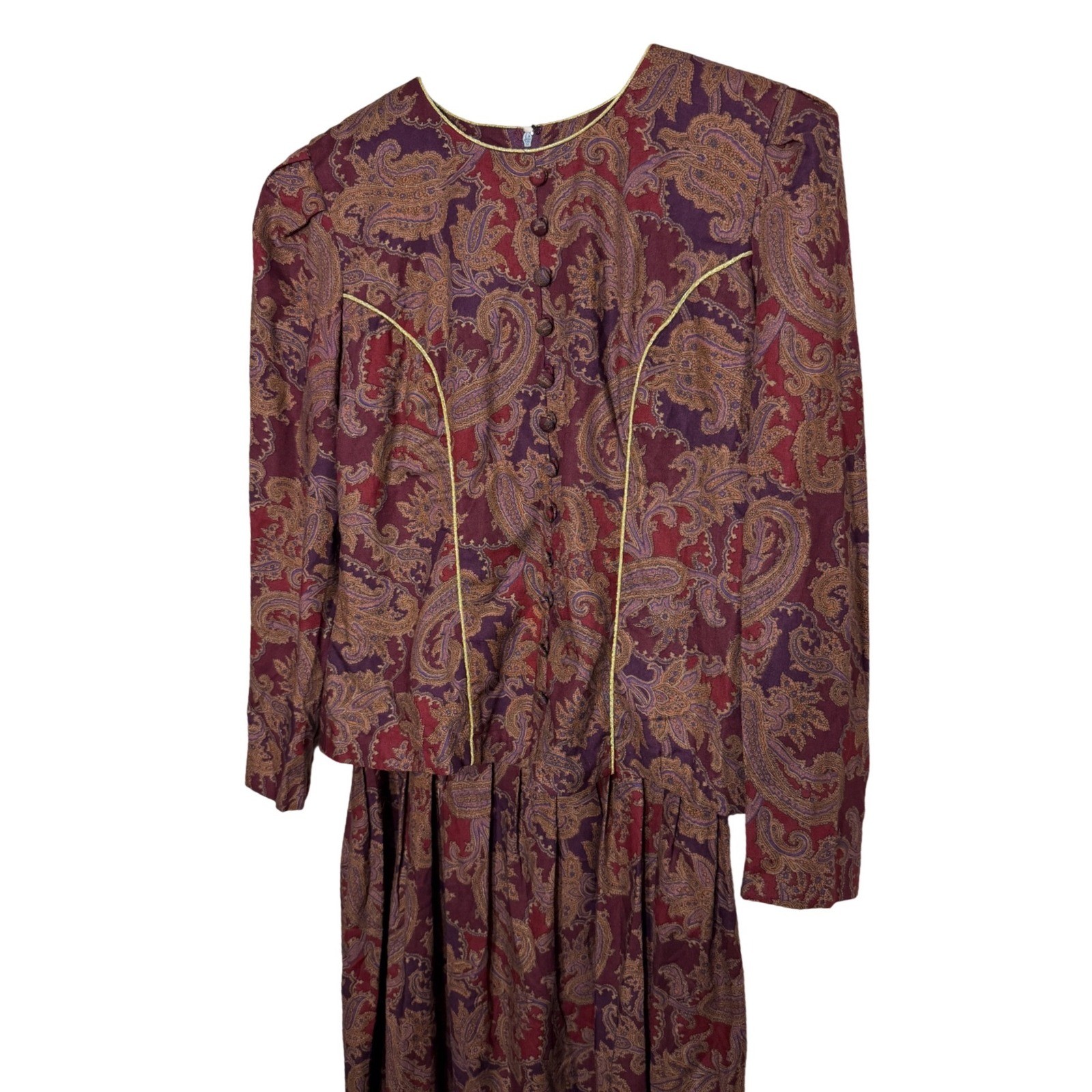 Karin Stevens Petites Vintage Paisley Midi Dress Burgundy Purple Gold Size 4