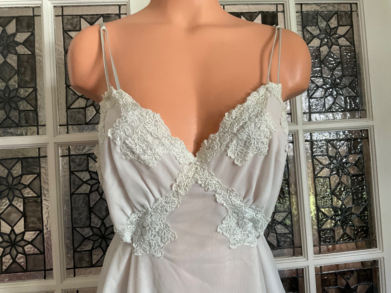 Vintage Gotham Gold Stripe Blue Nightgown Chiffon Nylon Lace Trim Size 36 USA