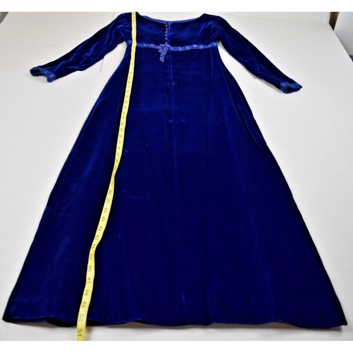 Vintage Dress Size S 70s Blue Velvet Ribbon Trim Empire Waist Button Back