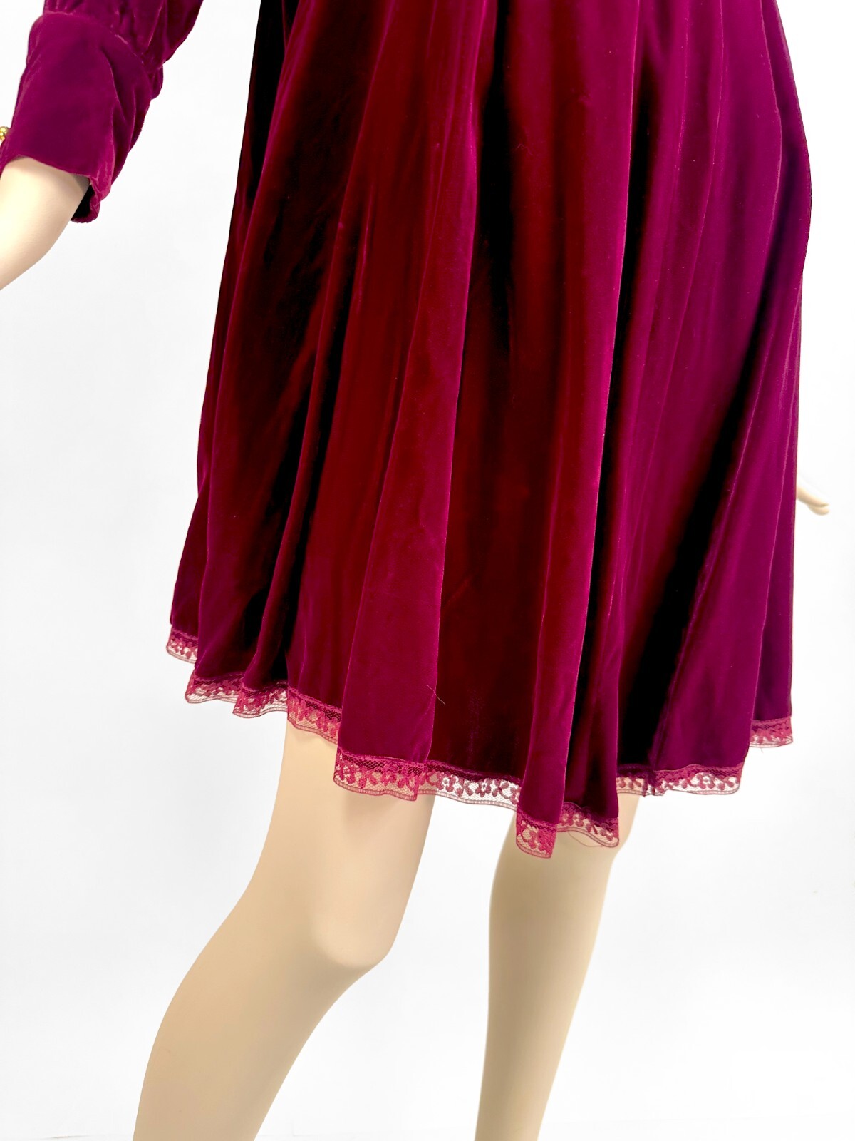 Vintage Dark Red Velvet Mini Dress Empire Lace Ruffle Long Sleeve Mod M/L