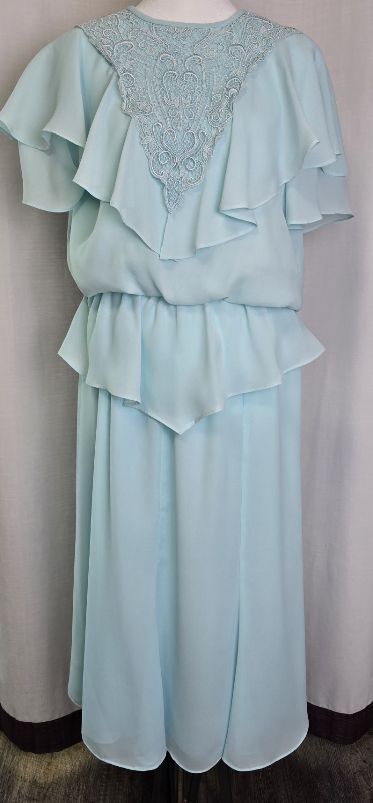 Vtg Liz Petites Chiffon 2 Piece Dress Set Sz M Aqua Ruffles Flowy Lace Coquette