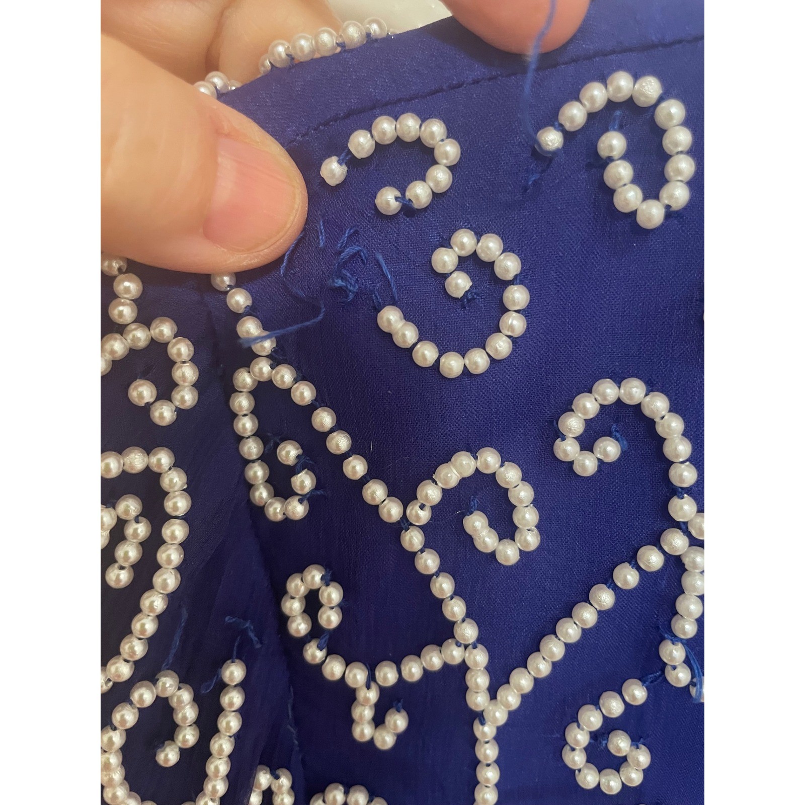 Vintage Faux Pearl Beaded Top Laurence Kazar Royal Blue 100% Silk PM