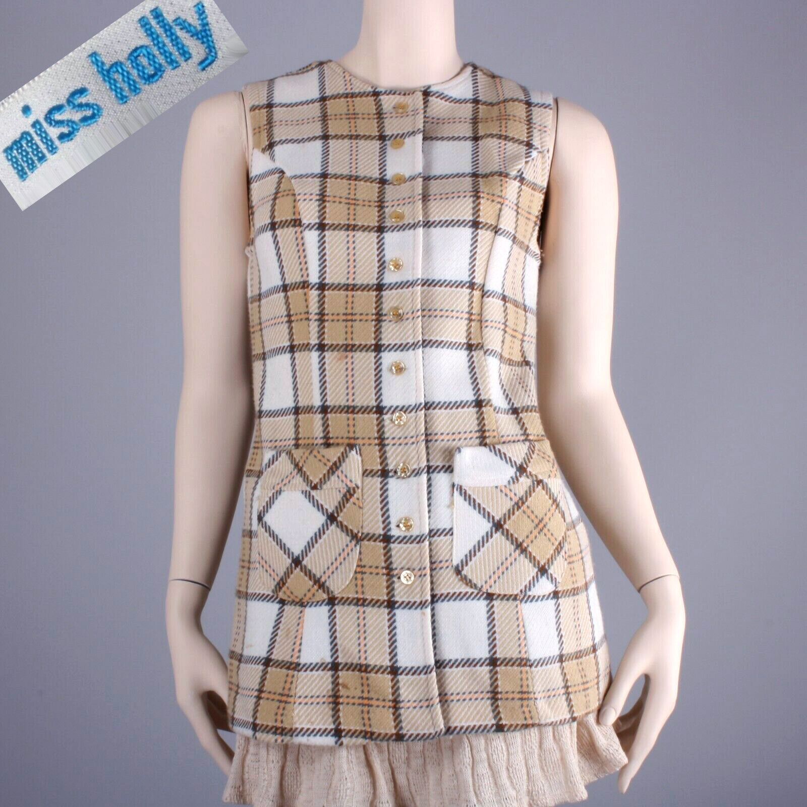S Vintage 1960s MISS HOLLY Tan White Plaid Mod Top Long Vest Shirt w Pockets 60s