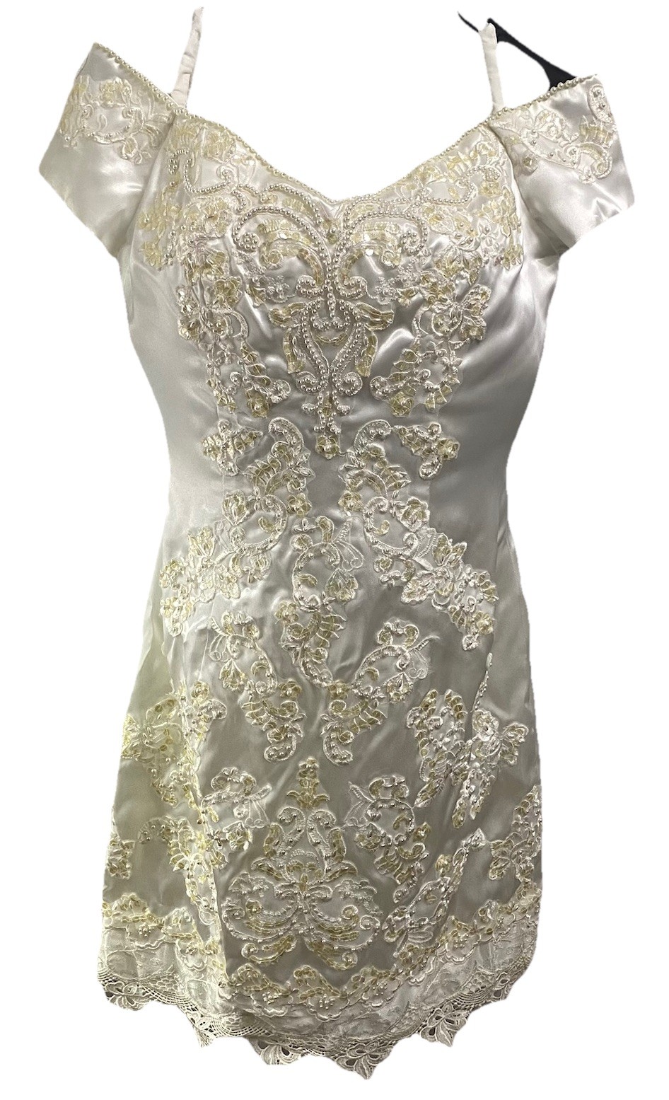 Majestic Vintage Y2k White&Ivory Satin Short Wedding Dress detachable Train Sz.8