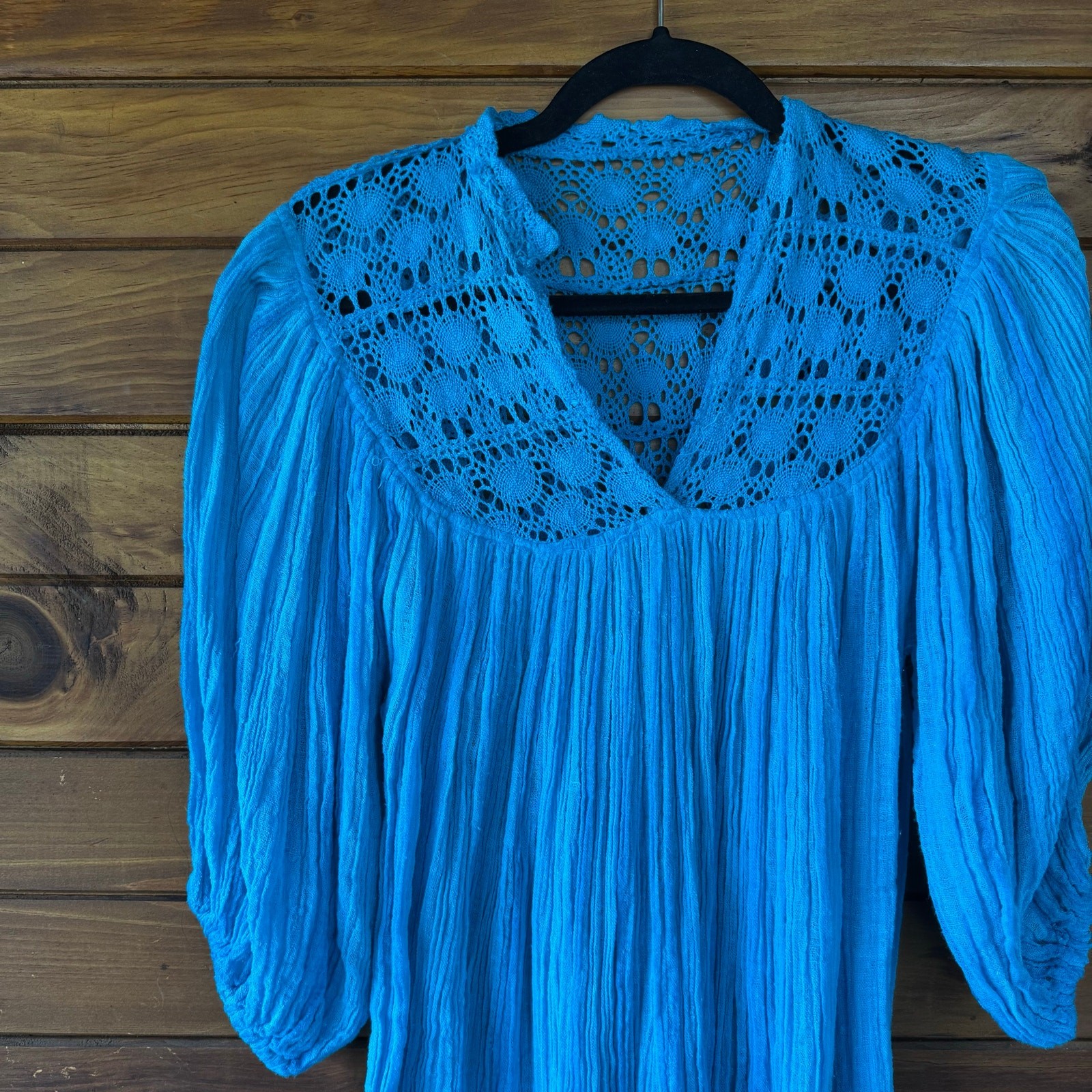VTG 1970s Oaxaca Boho Hippie Turquoise Blue Cotton Gauze Flowy Dress Size S/M