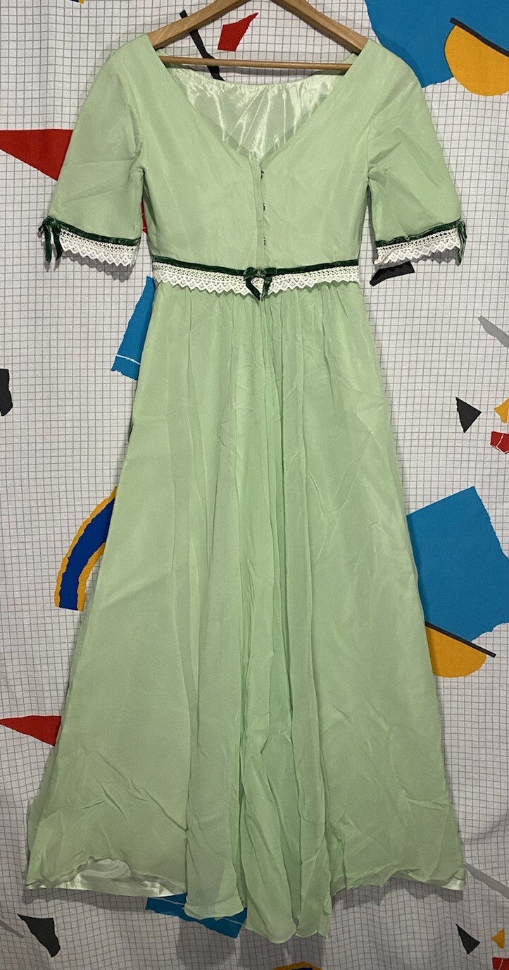 Vintage 50s Silk Chiffon Dress Green Lace Organza Velvet Ribbon 60s Maxi