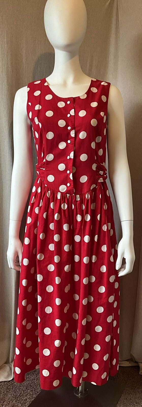 Vtg Crestmont Womens 80s Red White Polka Dot Cotton Dress Fit and Flare Retro