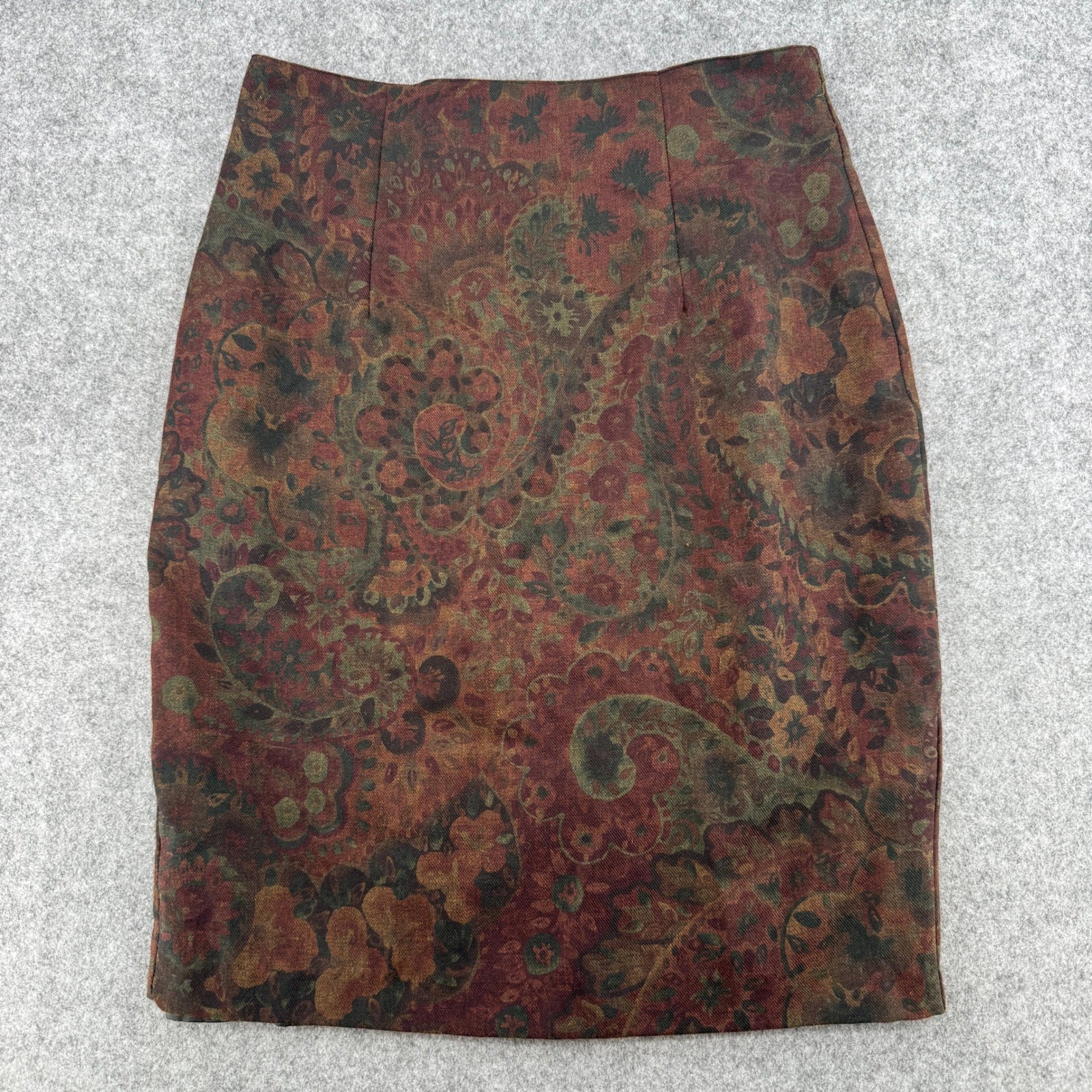 Vintage Forenza Paisley Floral Pencil Skirt Burgundy Olive Green Size 8 USA Made