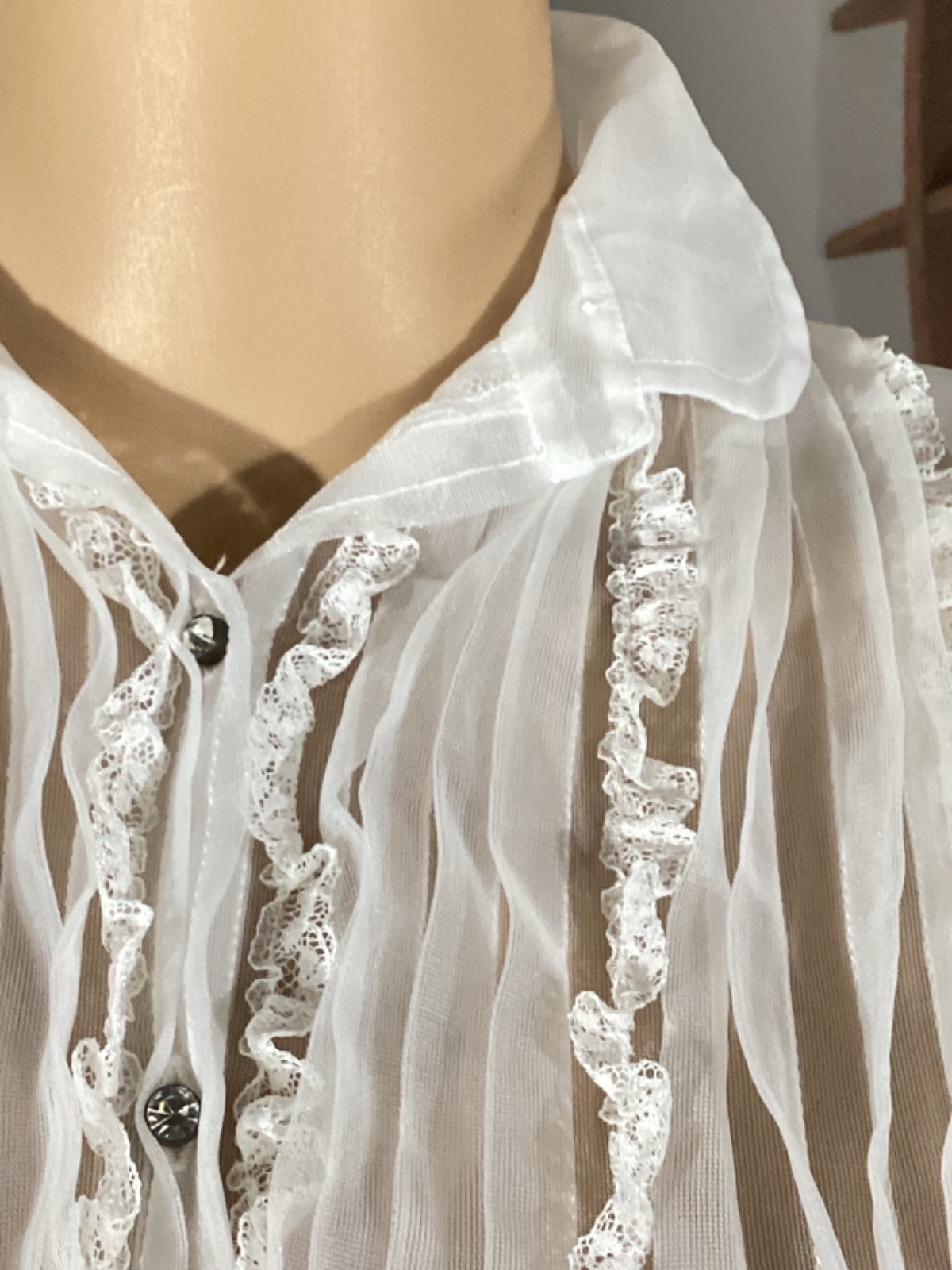 Vintage 1970’s White Sheer Nylon Prairie Farmhouse Victorian Revival BLOUSE