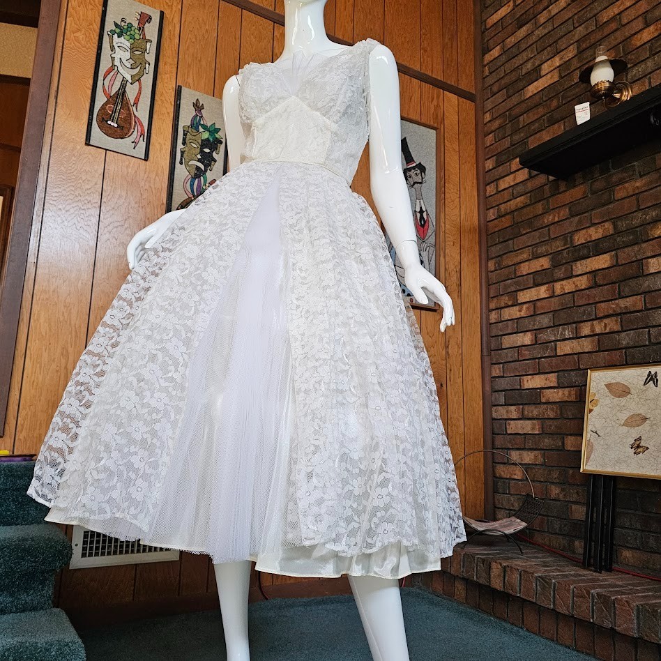 Vtg 50s Accordion Pleated Tulle Documented Sears Wedding Cupcake Prom Dress S/M