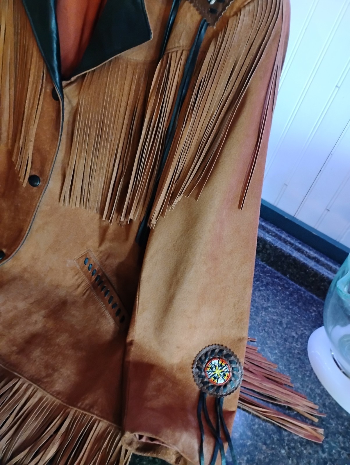 Lariat Leather Coat Fringed Beaded Southwest Suede Made in USA Sz X-largeVintage