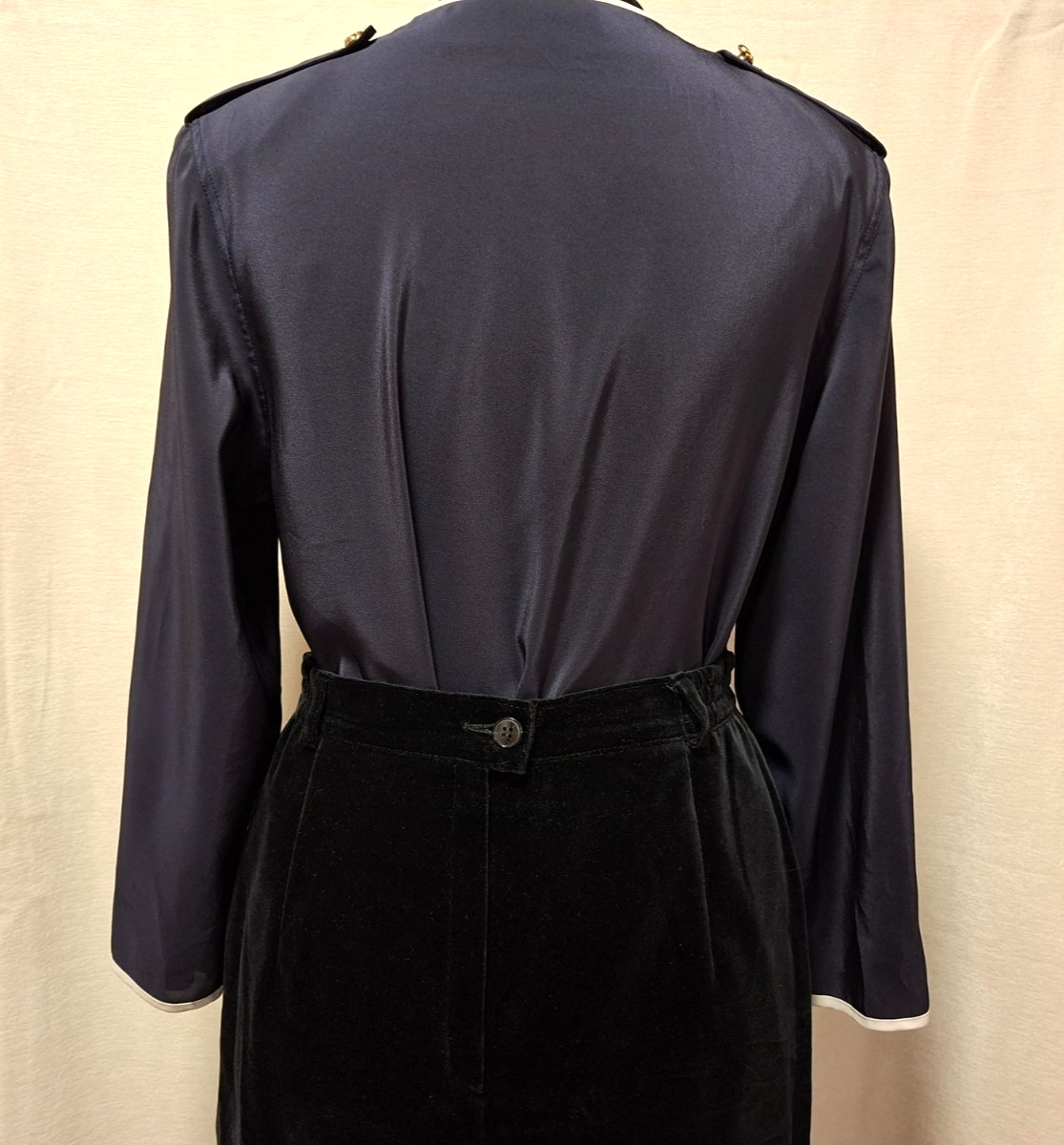 Vintage 80s Navy Blue Button Up Blouse With Gold Buttons And Cream Piping