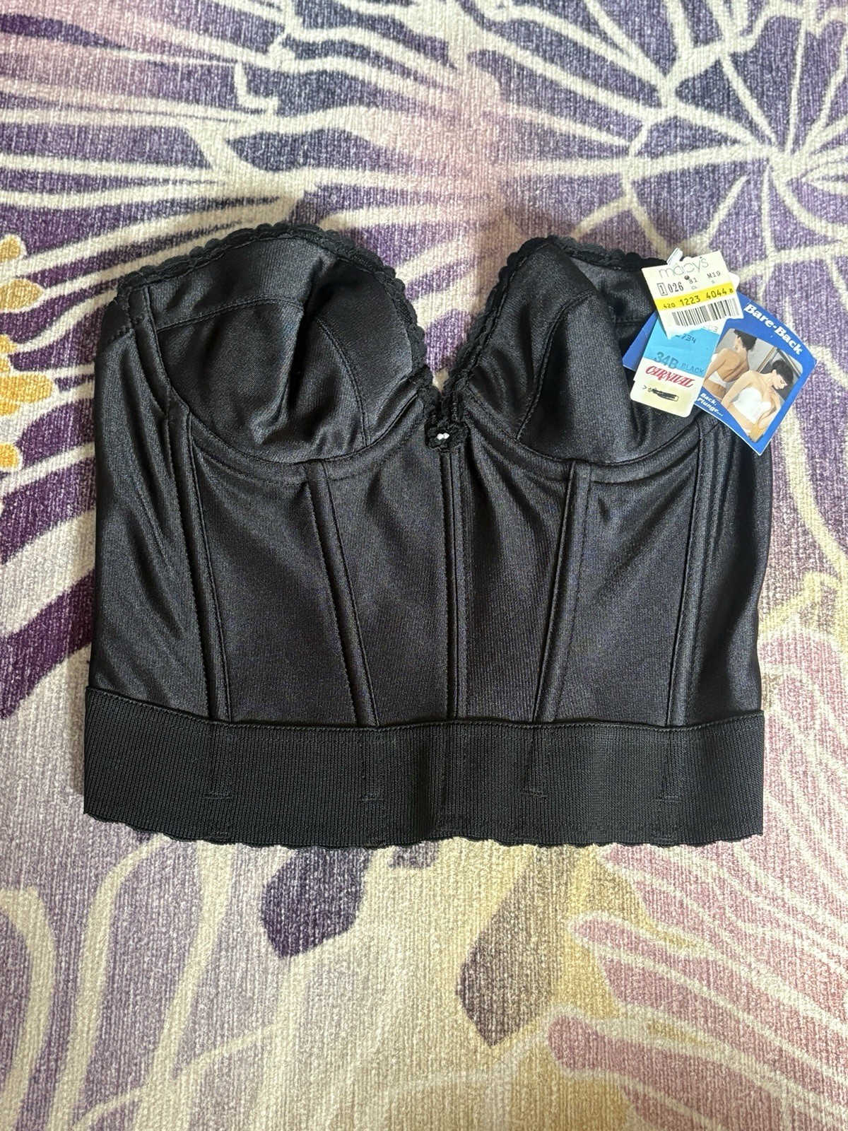 Carnival Black Long Line Bra Strapless 34B #203 Low Back VINTAGE NOS