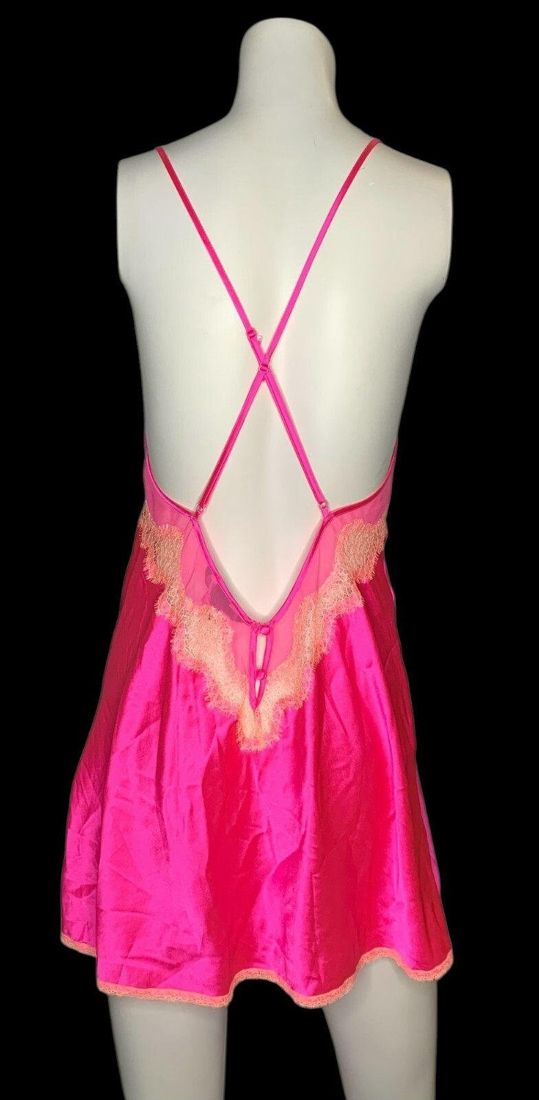 Victorias Secret Hot Pink Lace Satin Babydoll Chemise Nightgown M Slip Dress