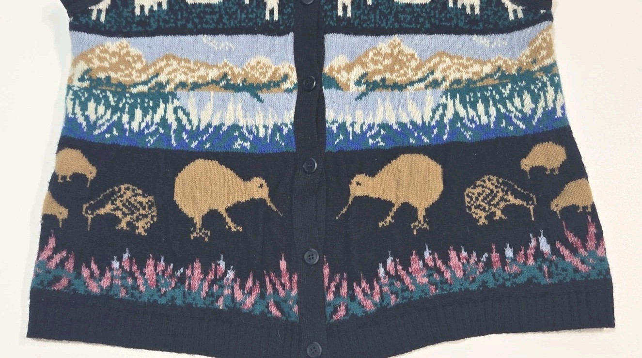 Vtg Scan Alp New Zealand Alpine Themed 80s PURE WOOL Knit Boho Ski Vest Womens L