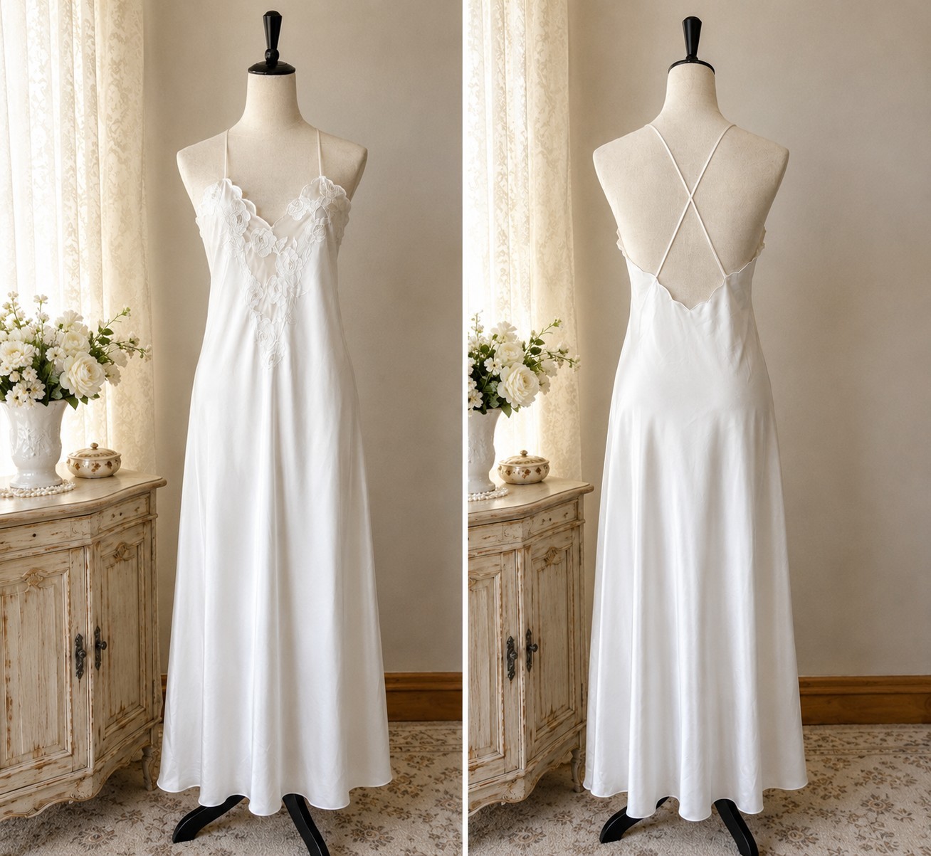 Vintage Natori White Full Length Nightgown Floral Applique Slip Dress Womens M