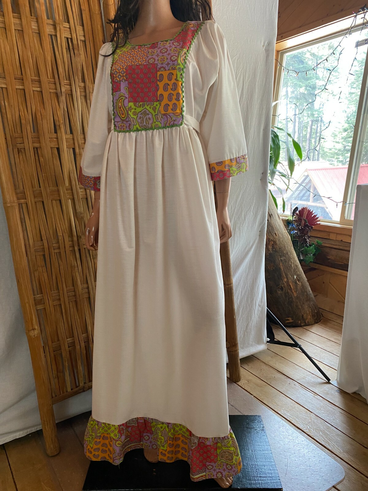 VTG 60s Maxi Dress Cream & Psychedelic Waist Ties 3/4 Wide Sleeve Hippy Boho S/M